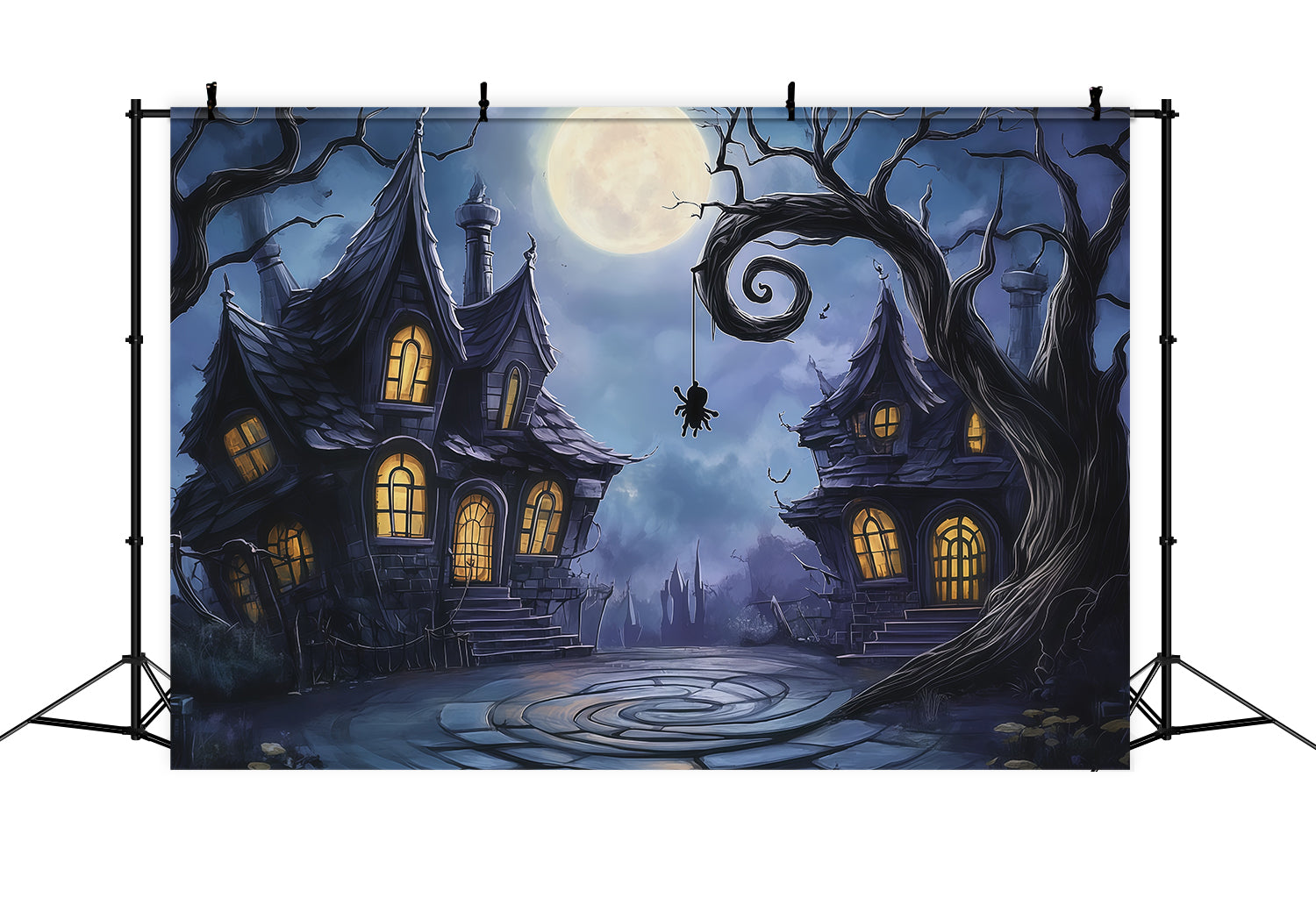 Photography Backdrops Halloween Moonlit Crooked Haunted Houses Halloween Town Backdrop RR67-87