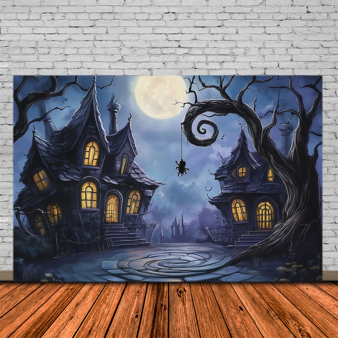 Photography Backdrops Halloween Moonlit Crooked Haunted Houses Halloween Town Backdrop RR67-87