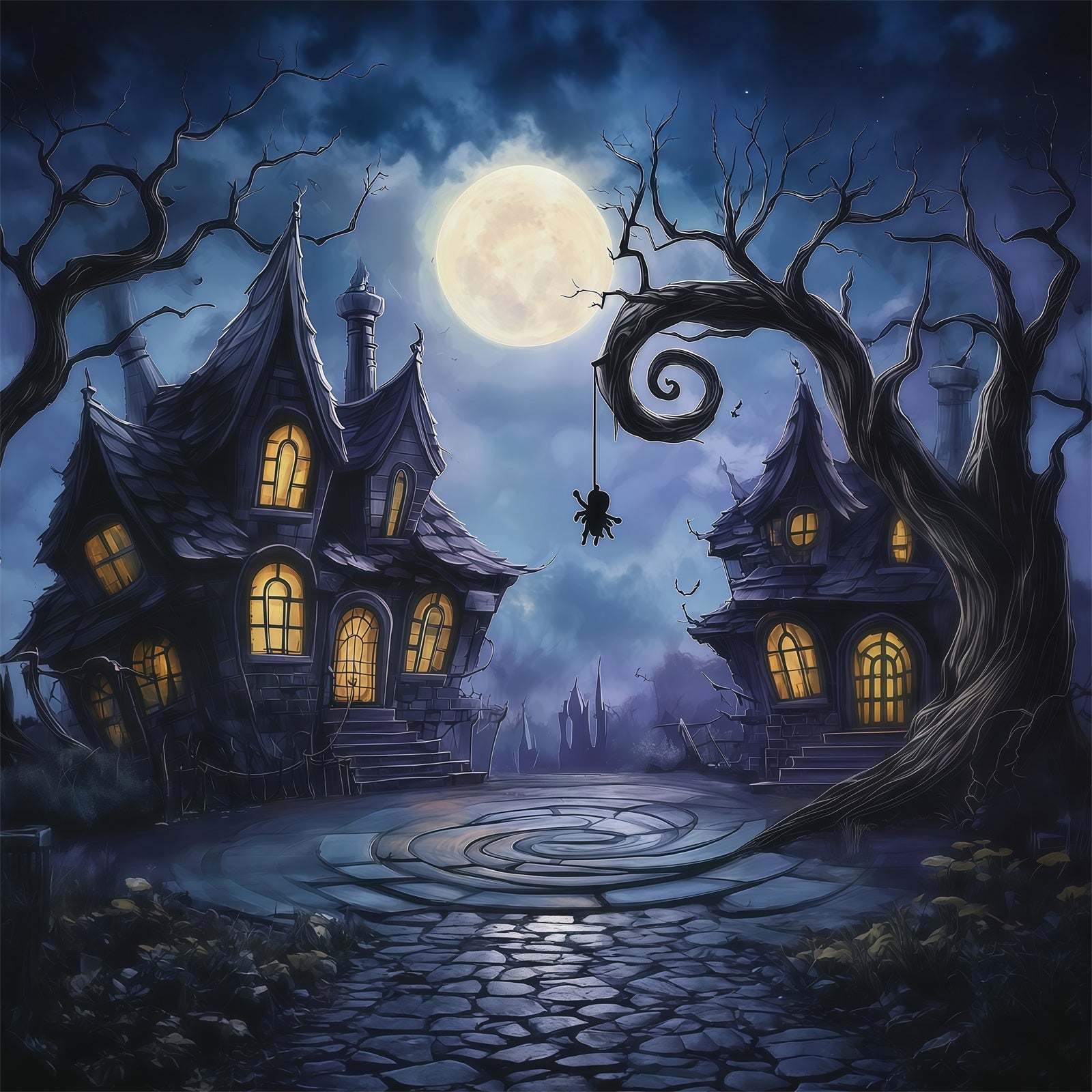 Photography Backdrops Halloween Moonlit Crooked Haunted Houses Halloween Town Backdrop RR67-87