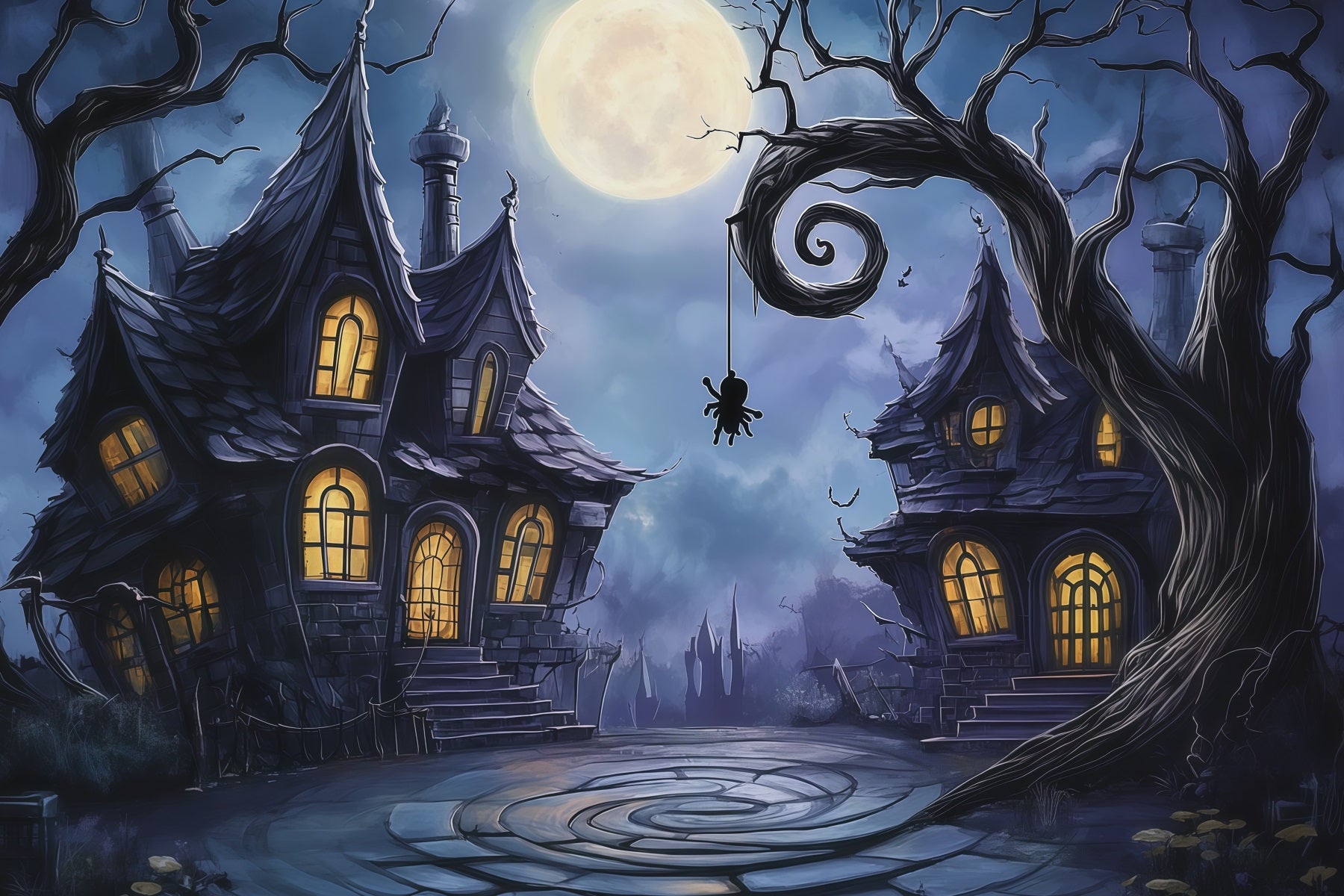 Photography Backdrops Halloween Moonlit Crooked Haunted Houses Halloween Town Backdrop RR67-87