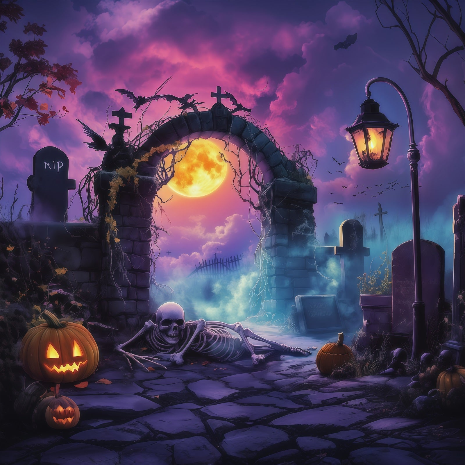 Outdoor Halloween Backdrop Moonlit Graveyard Arch Skeleton Spooky Halloween Backdrop RR67-9