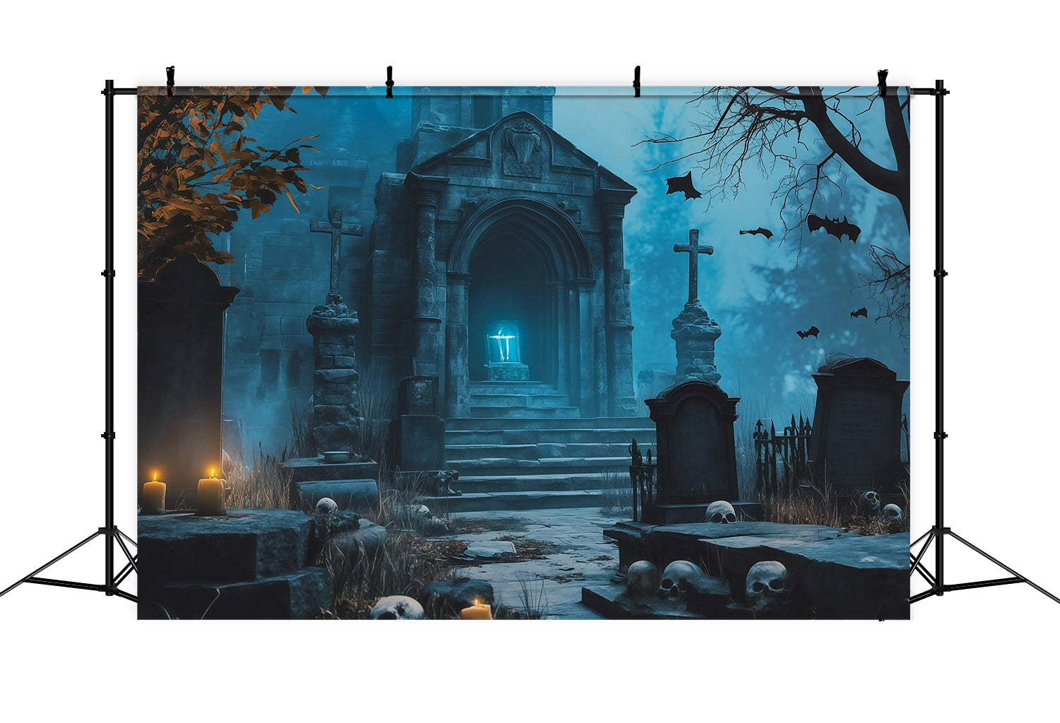 Halloween Cloth Backdrop Blue Crypt Candle Tombs Graveyard Halloween Backdrops RR67-93