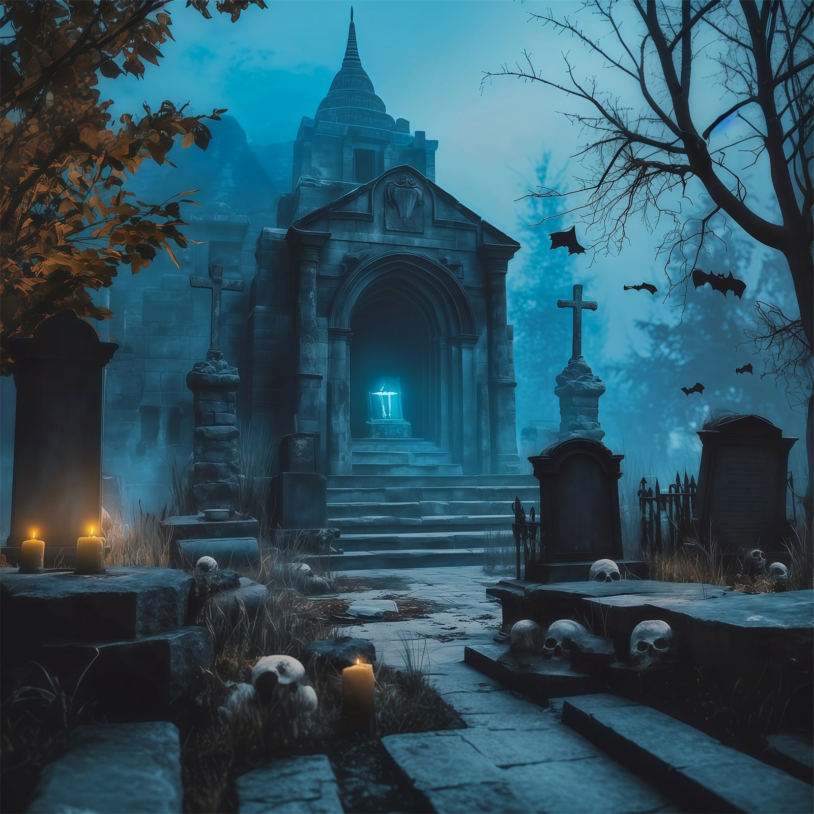 Halloween Cloth Backdrop Blue Crypt Candle Tombs Graveyard Halloween Backdrops RR67-93