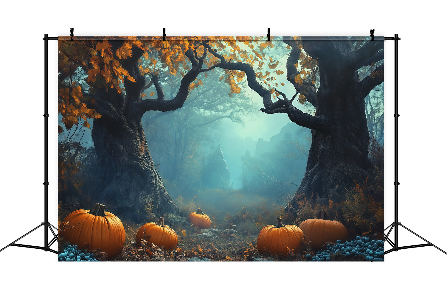 Halloween Party Photo Backdrop Ideas Misty Pumpkin Forest Path Creepy Halloween Backdrop RR67-95