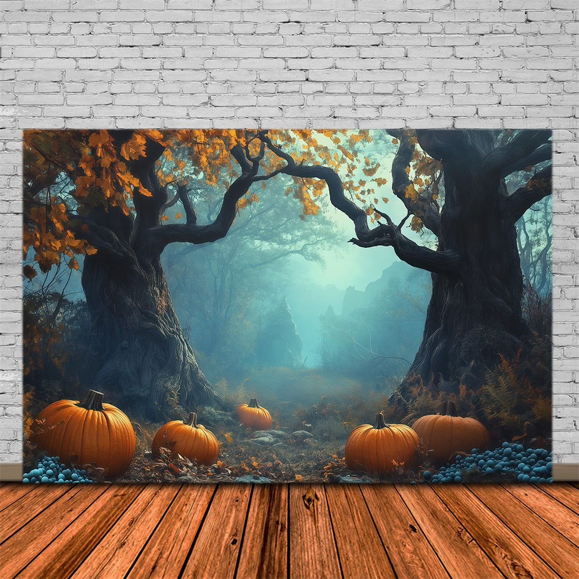Halloween Party Photo Backdrop Ideas Misty Pumpkin Forest Path Creepy Halloween Backdrop RR67-95