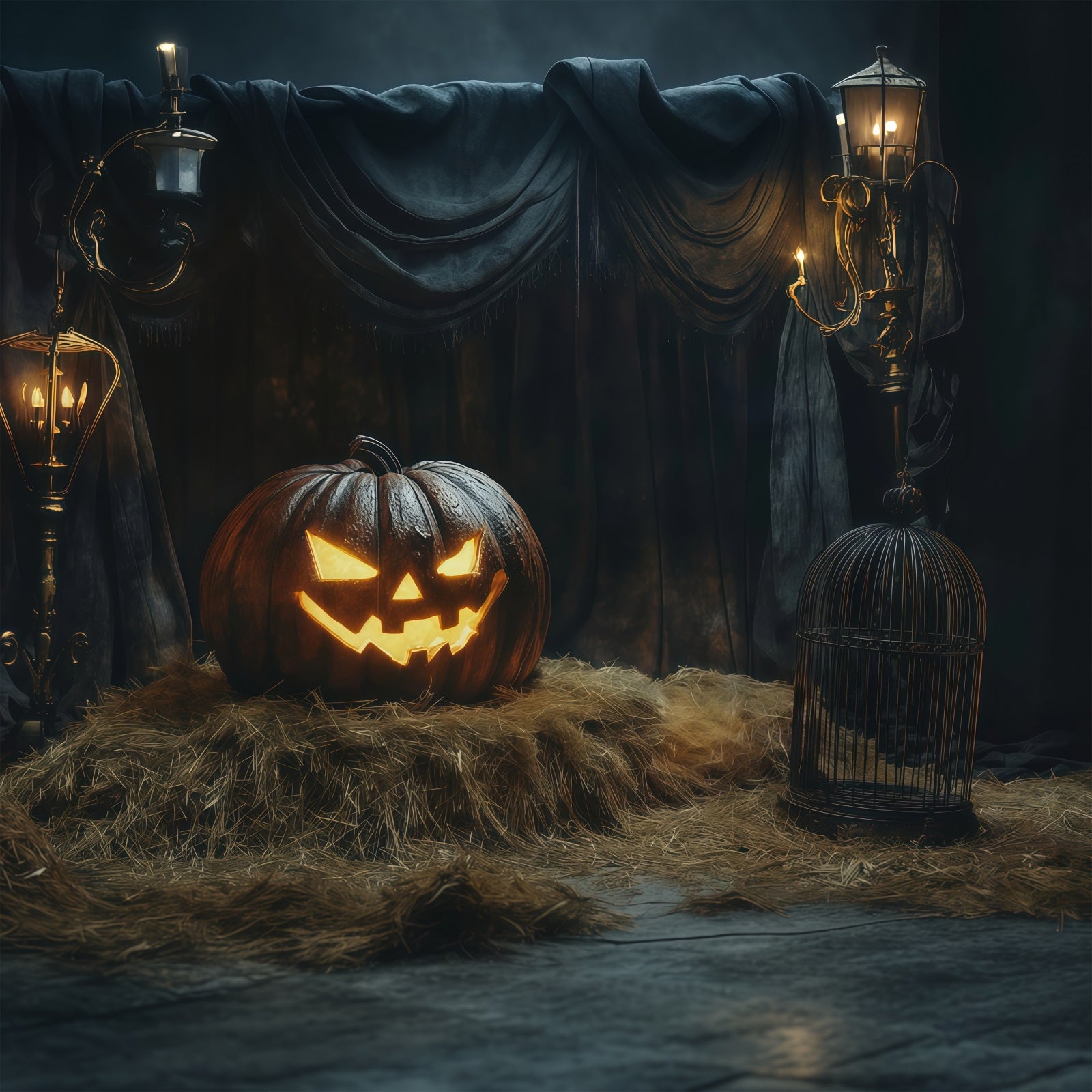 Halloween Scene Backdrop Glowing Pumpkin Hay Display Backdrop For Halloween RR67-96