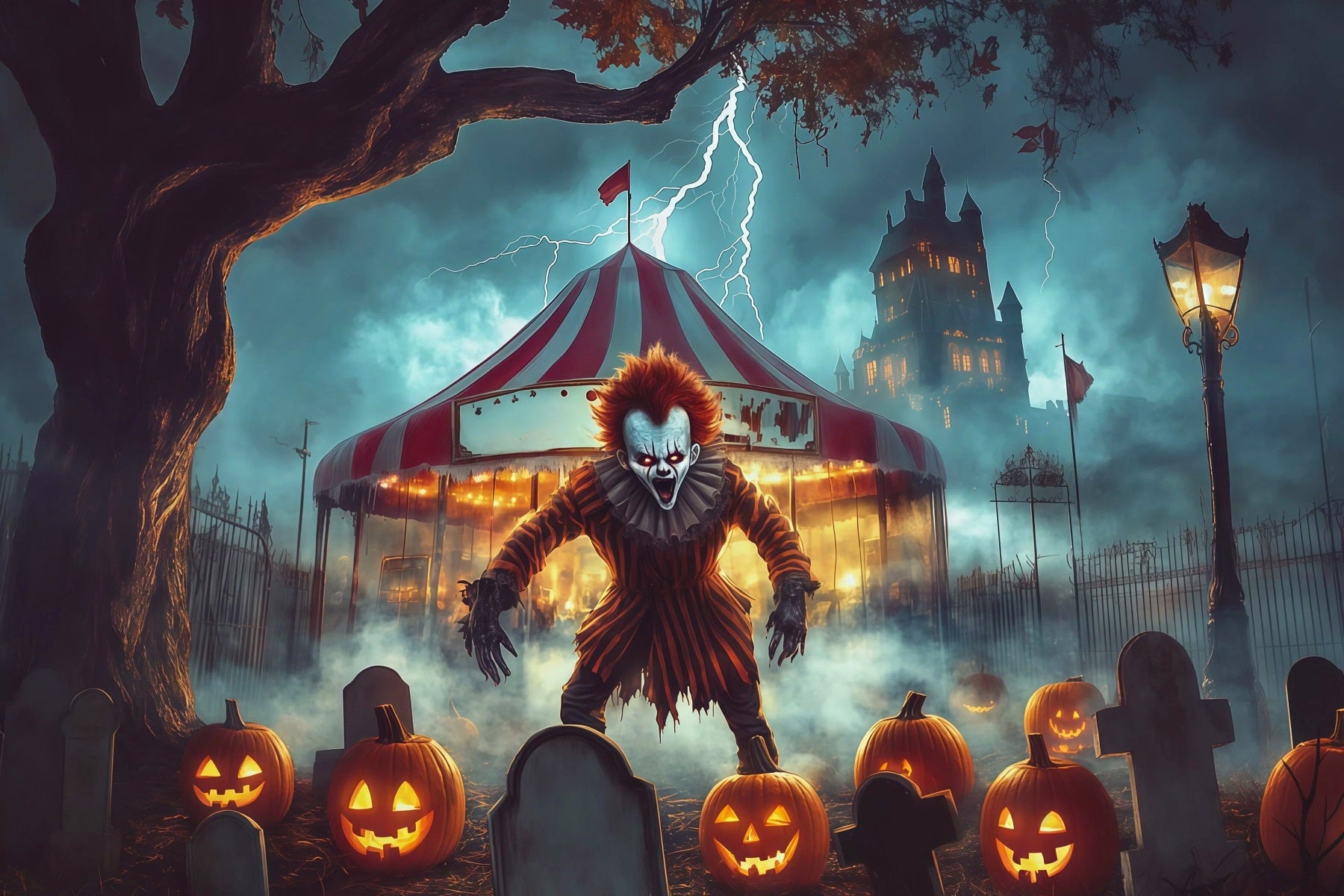 Halloween Clown Backdrop Creepy Circus Graveyard Pumpkin Halloween Fabric Backdrop RR67-99