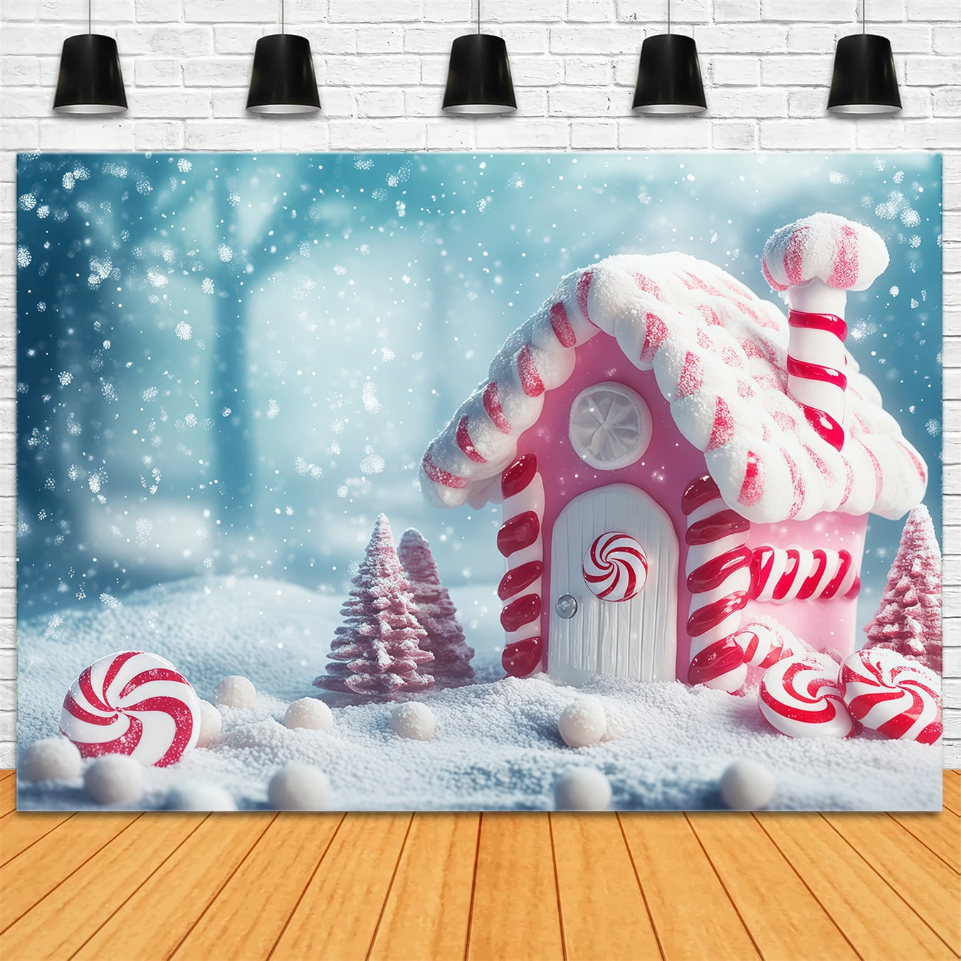 Christmas Candy Backdrop Pink Peppermint Candyland Cottage Christmas Photo Backdrop RR68-100