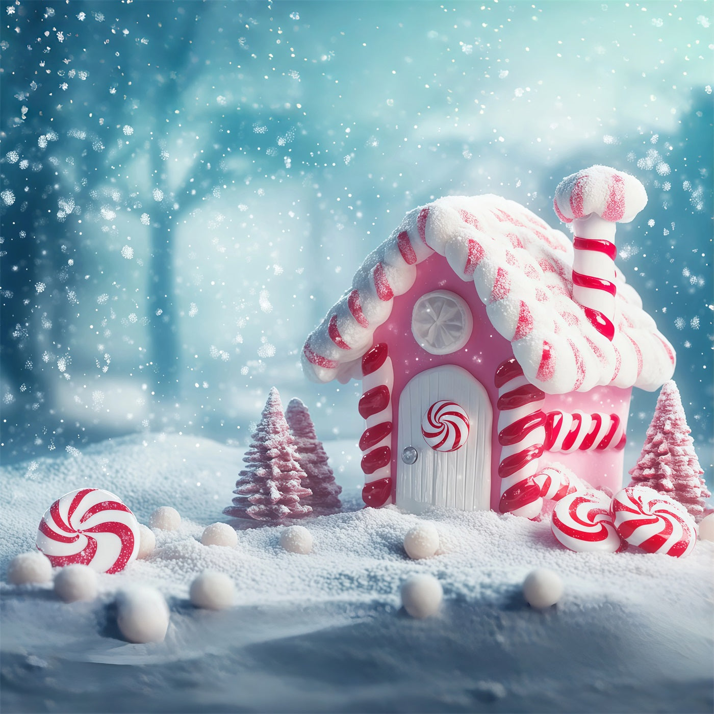 Christmas Candy Backdrop Pink Peppermint Candyland Cottage Christmas Photo Backdrop RR68-100
