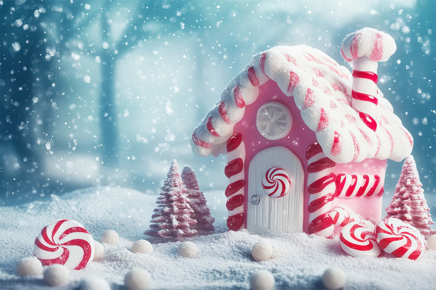 Christmas Candy Backdrop Pink Peppermint Candyland Cottage Christmas Photo Backdrop RR68-100