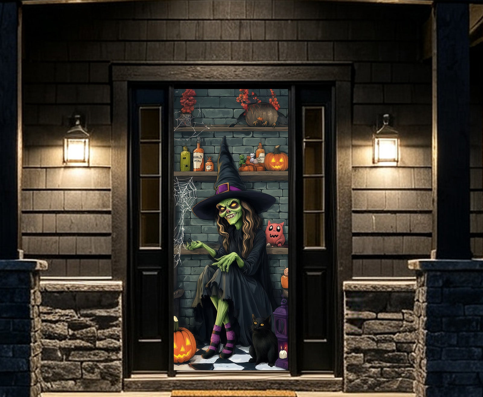 Witch Kitchen Door Witch Cat Pumpkin Nook Trick or Treat Door Decor RR68-14