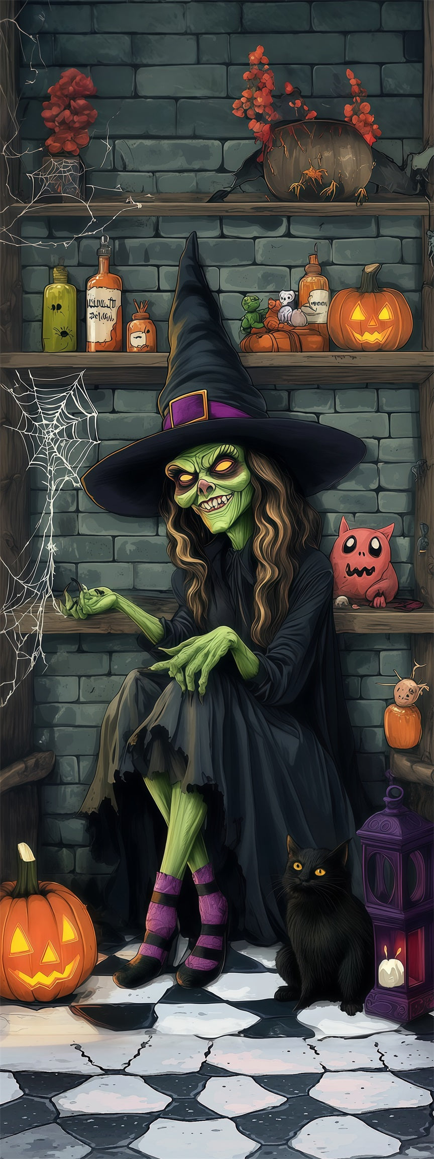 Witch Kitchen Door Witch Cat Pumpkin Nook Trick or Treat Door Decor RR68-14