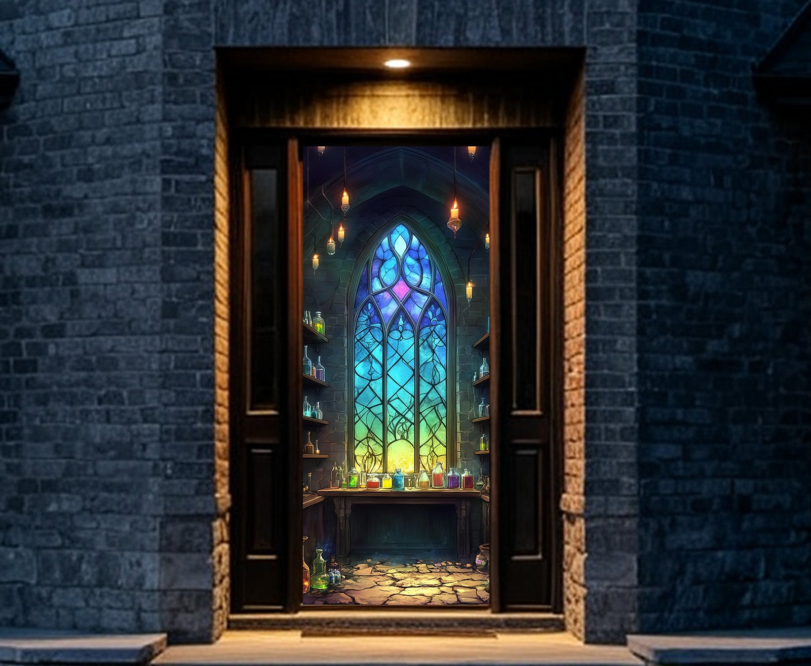 Magic Potion Shop Door Candlelit Gothic Window Halloween Party Door Cover RR68-15
