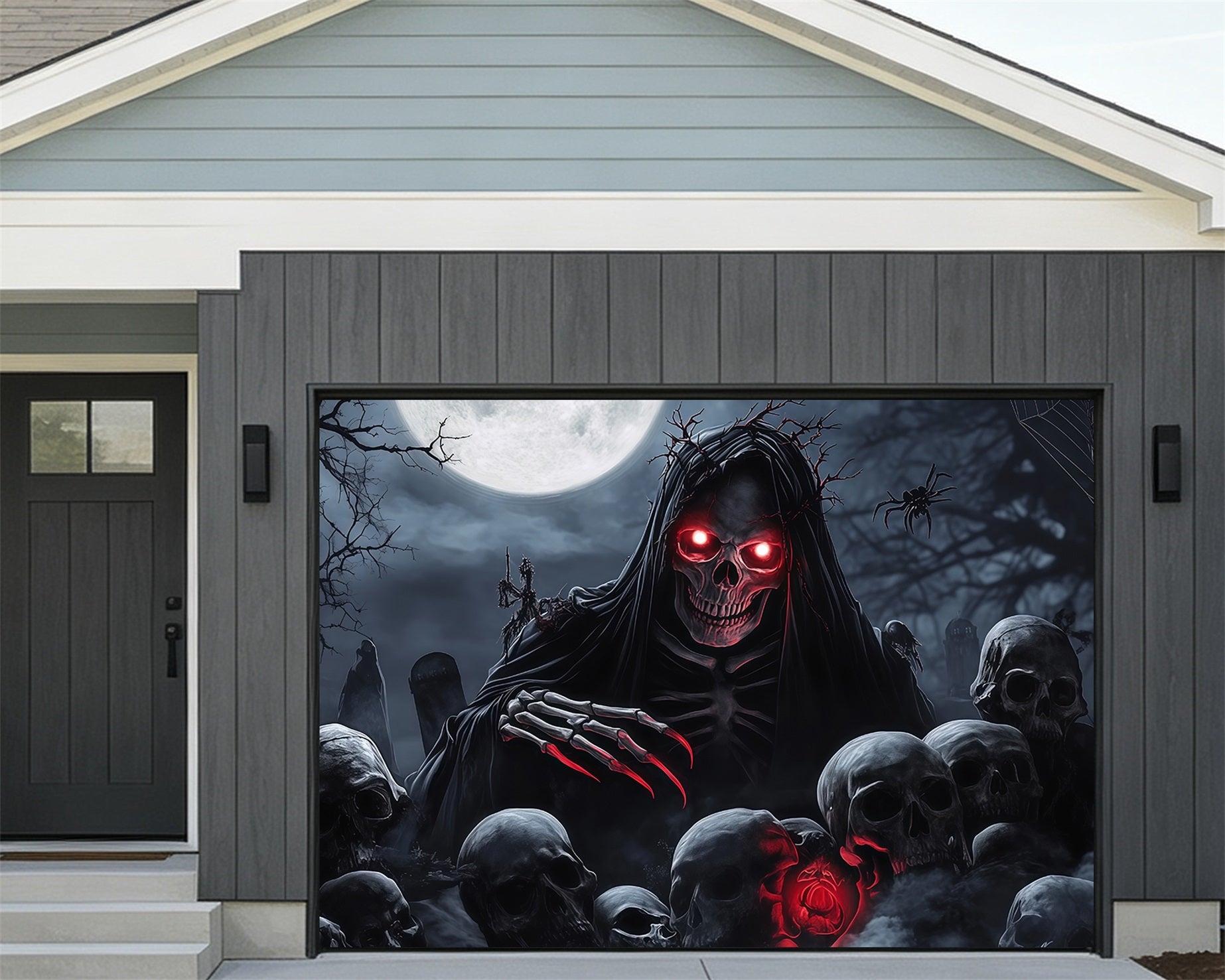Skeleton Halloween Garage Door Cover Moonlit Grim Reaper Graveyard Full Size Halloween Garage Door Cover RR68-21-2 car