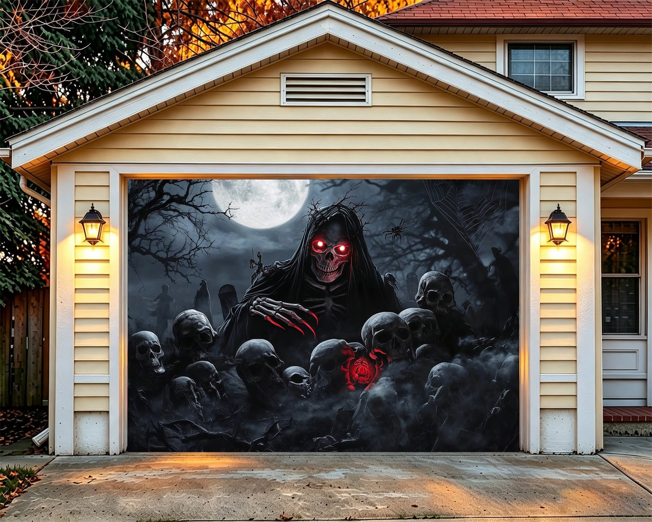 Skeleton Halloween Garage Door Cover Moonlit Grim Reaper Graveyard Full Size Halloween Garage Door Cover RR68-21-1 car
