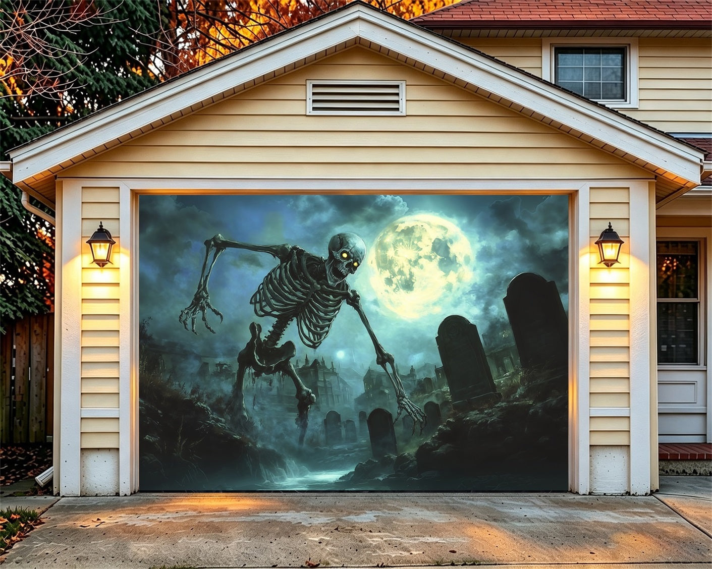 Skull Halloween Garage Door Decor Giant Skeleton Moonlit Graveyard Double Garage Door Halloween Cover RR68-22-1 car
