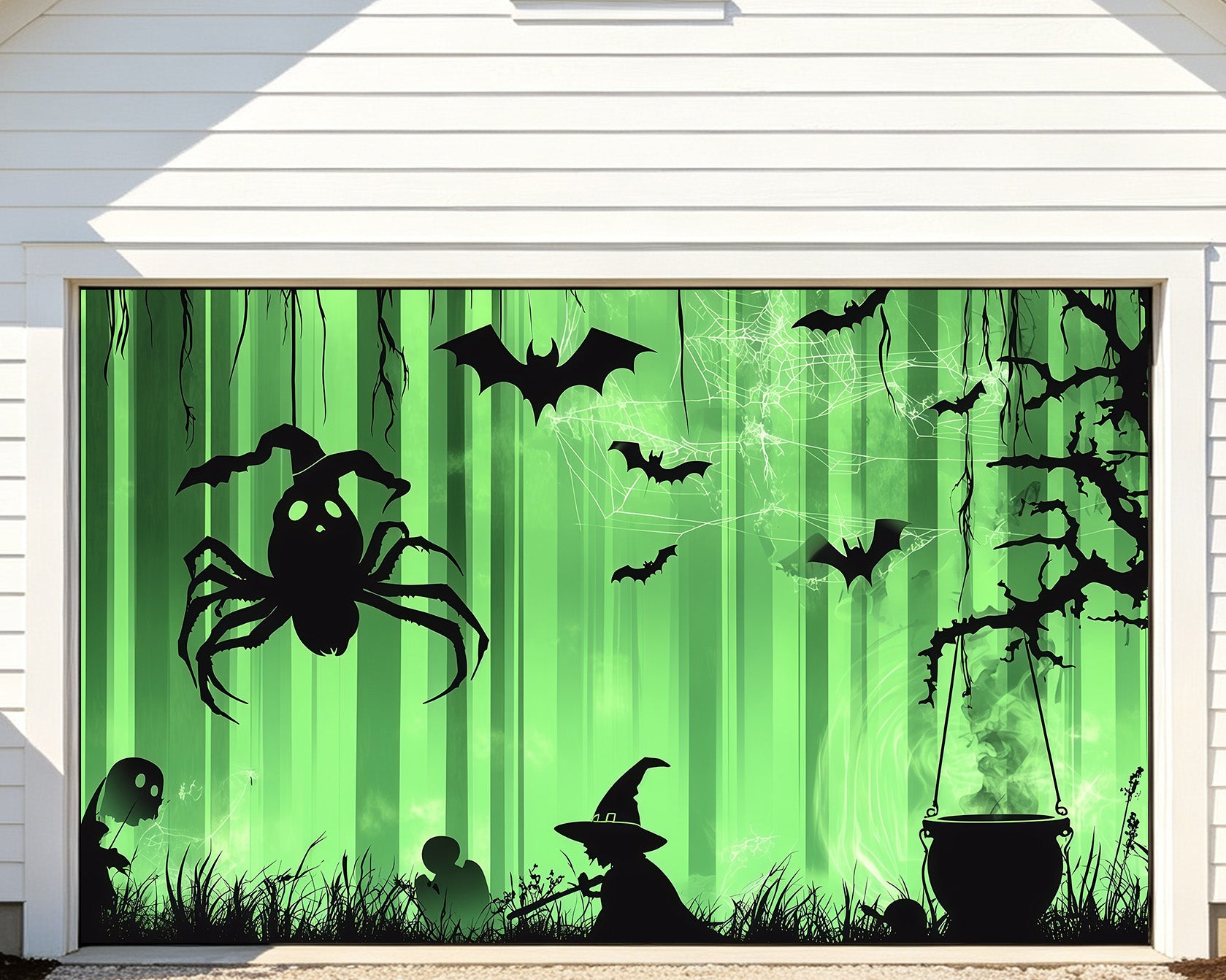 Witch Halloween Garage Door Cover Bat Spider Green Forest Two Car Garage Door Halloween Cover RR68-23-2 car