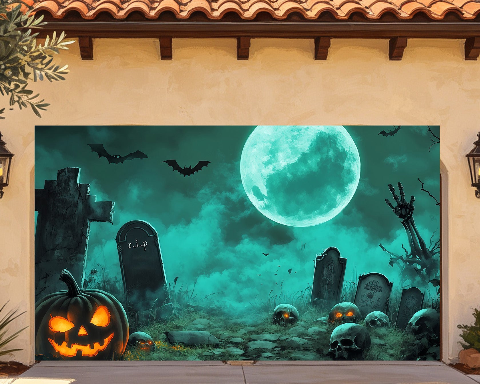 Graveyard Halloween Garage Door Cover Moonlit Pumpkin Skull Oversized Halloween Garage Door Decor RR68-25-2 car