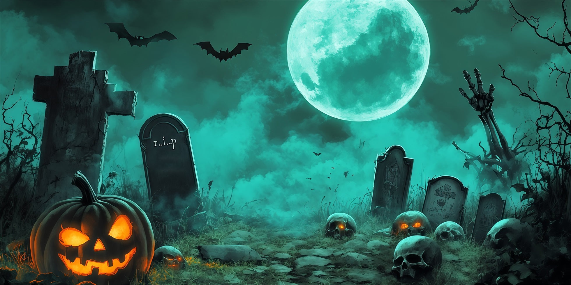 Graveyard Halloween Garage Door Cover Moonlit Pumpkin Skull Oversized Halloween Garage Door Decor RR68-25-2 car