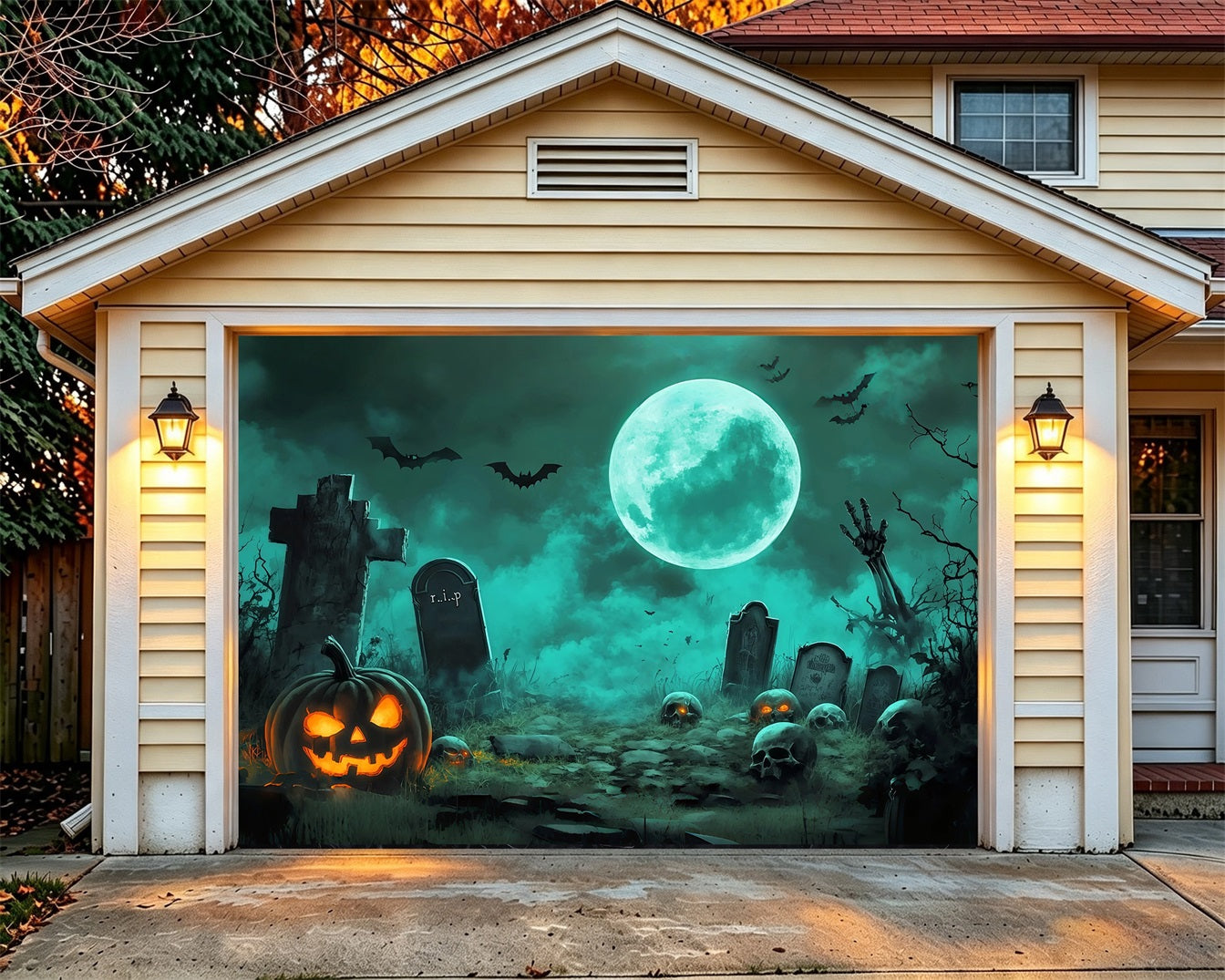 Graveyard Halloween Garage Door Cover Moonlit Pumpkin Skull Oversized Halloween Garage Door Decor RR68-25-1 car