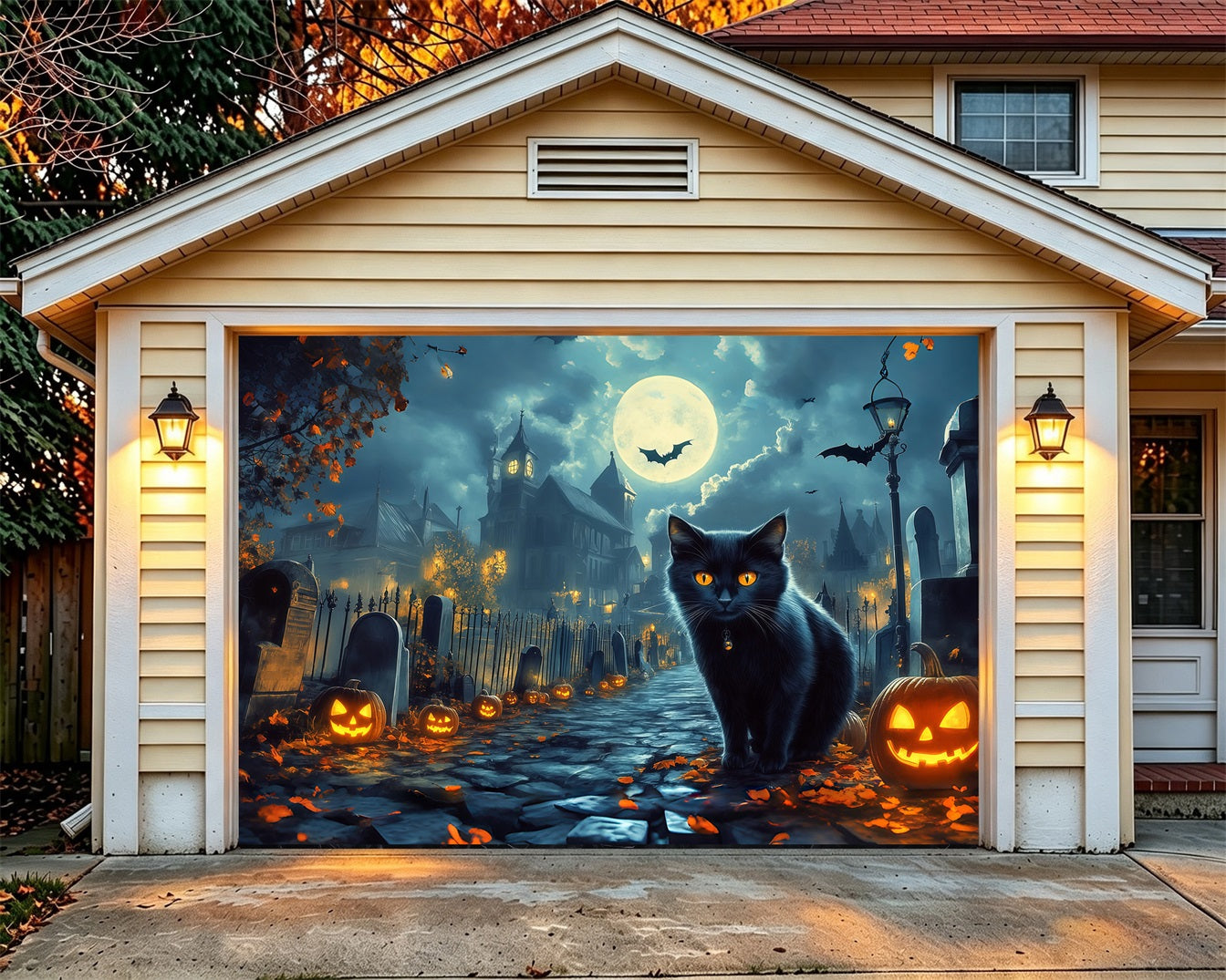 Black Cat Halloween Garage Door Cover Pumpkin Hunted House Outdoor Halloween Garage Door Cover RR68-26-1 car