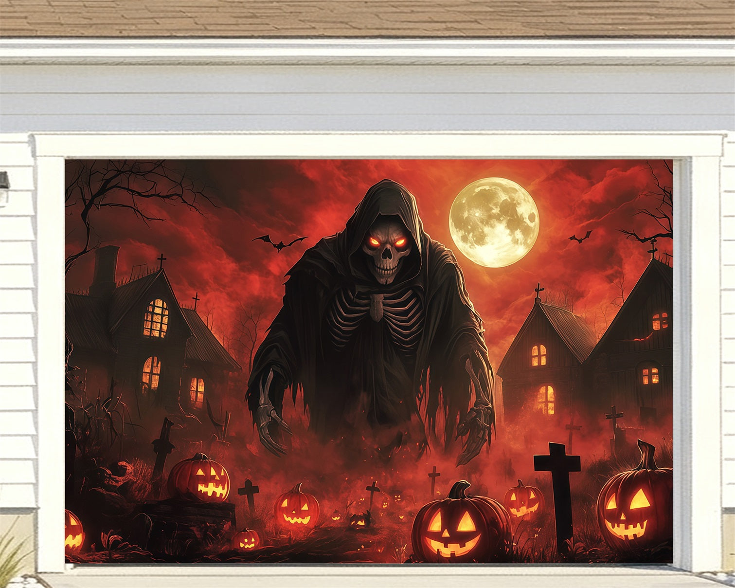 Vampire Halloween Garage Door Cover Moonlit Grim Reaper Pumpkins Halloween Yard Garage Door Decor RR68-30-2 car