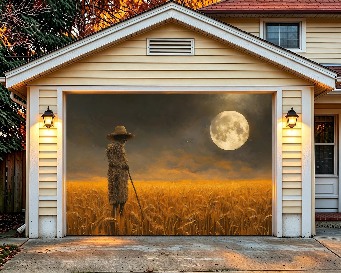 Scarecrow Halloween Garage Door Cover Moonlit Wheat Field Halloween Party Garage Door Cover RR68-31-1 car