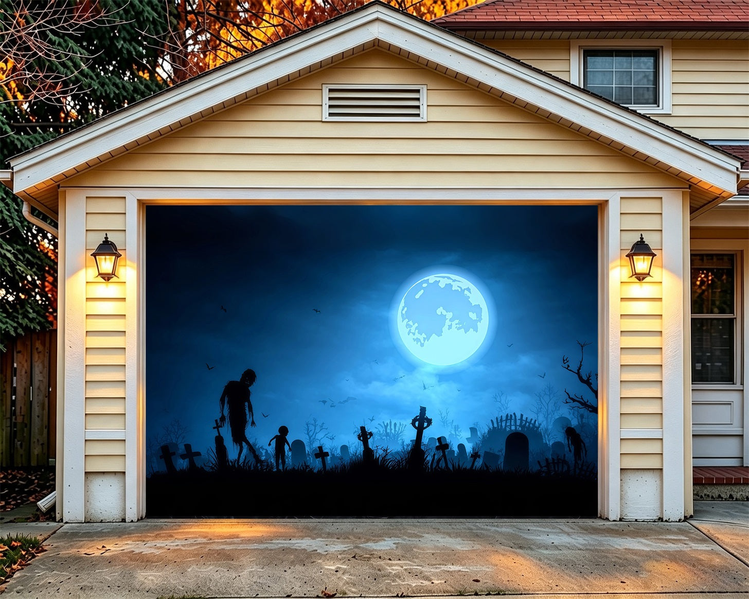 Moonlight Halloween Garage Door Cover Zombie Graveyard Silhouette Halloween Home Exterior Decorations RR68-33-1 car