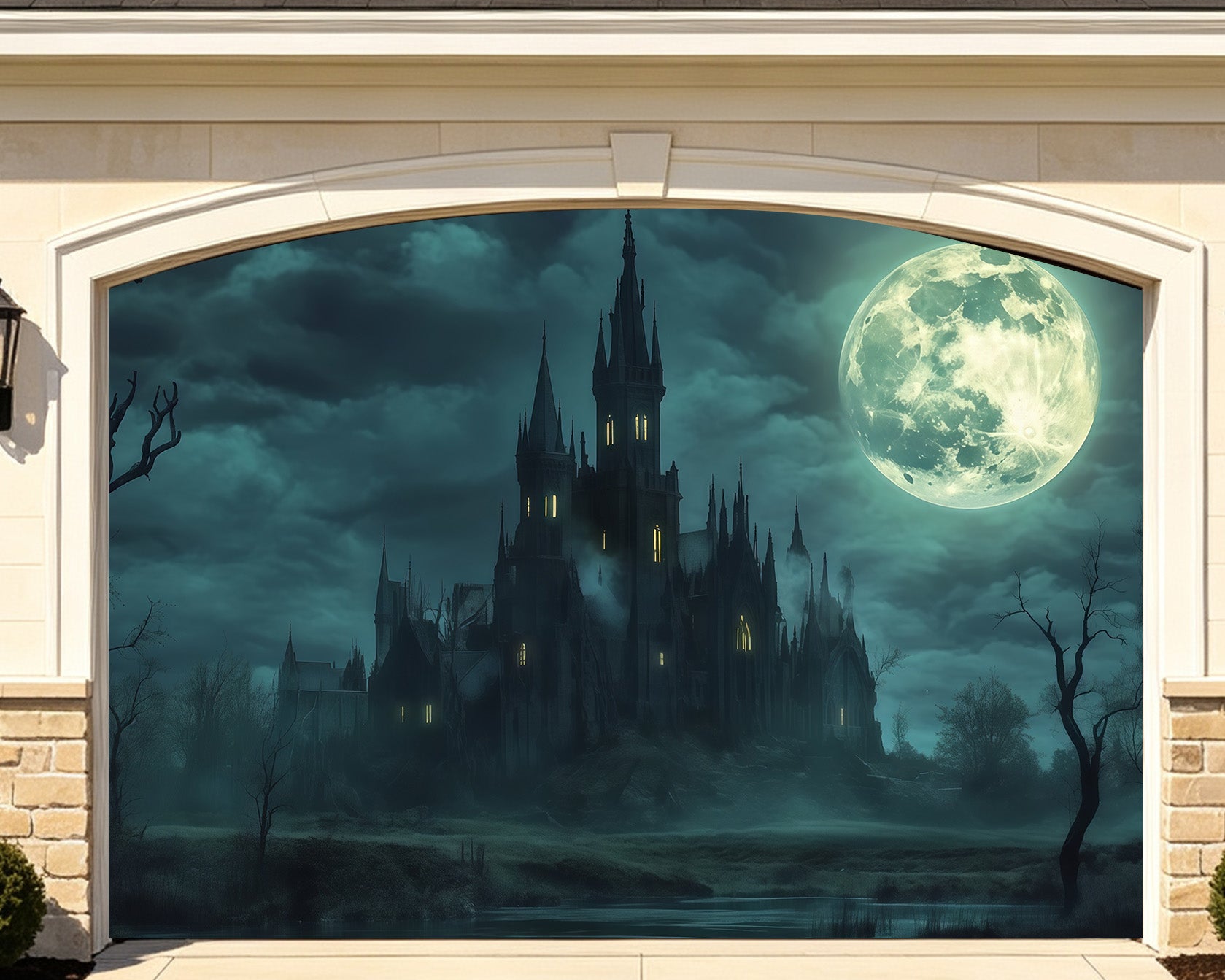 Gothic Halloween Garage Door Cover Moonlit Haunted Castle Halloween Yard Garage Door Decor RR68-39-2 car