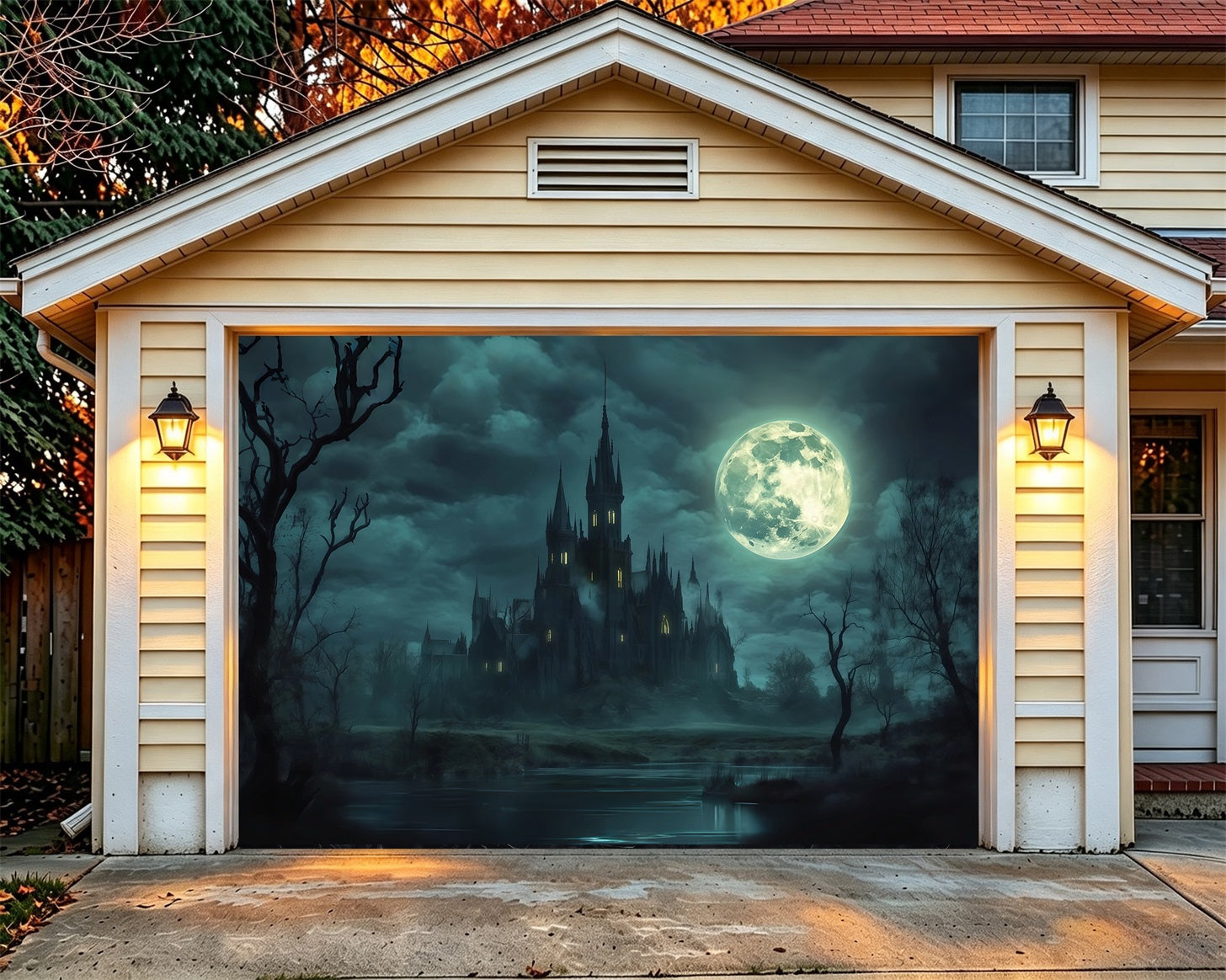 Gothic Halloween Garage Door Cover Moonlit Haunted Castle Halloween Yard Garage Door Decor RR68-39-1 car