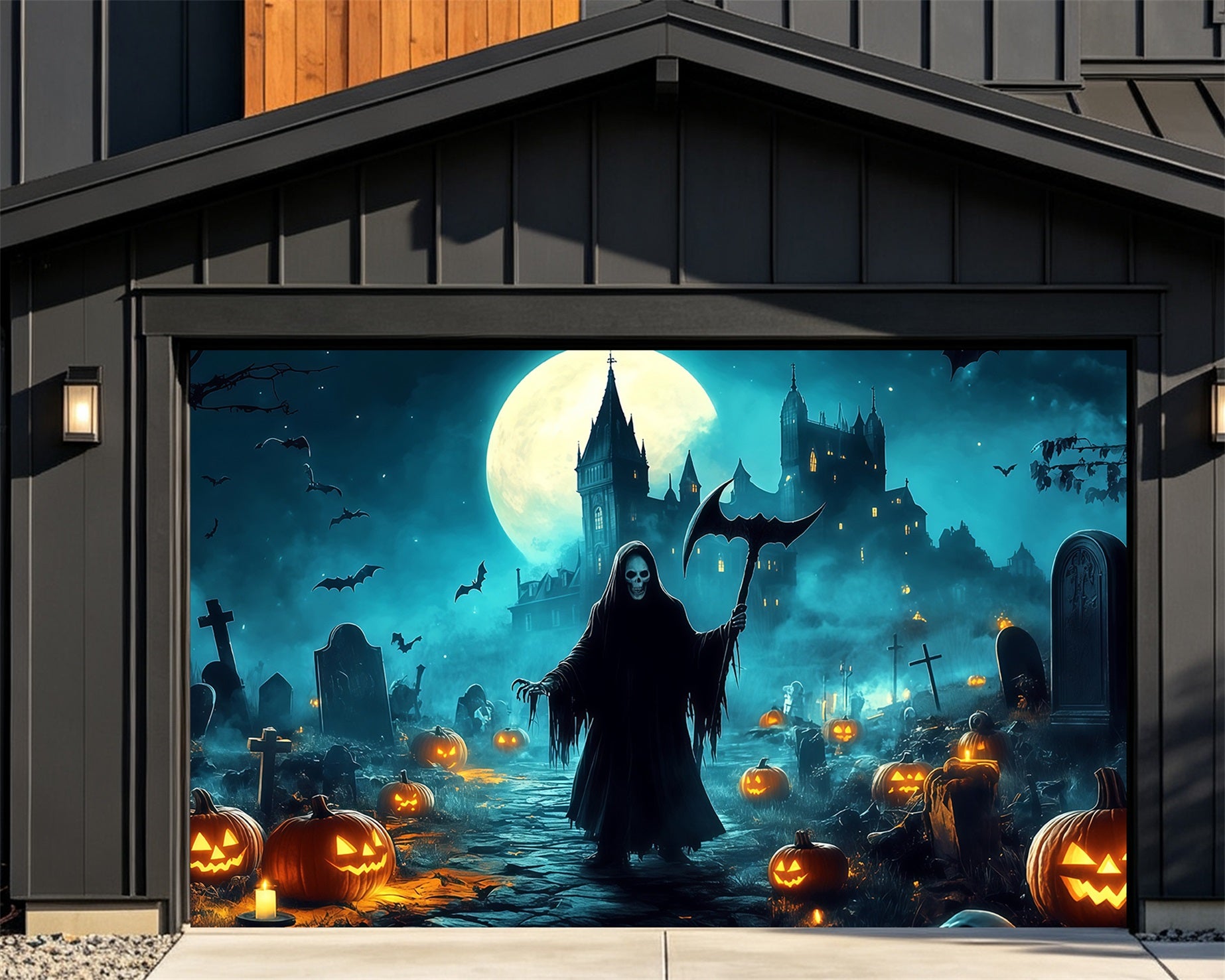 Spooky Halloween Garage Door Cover Grim Reaper Pumpkin Cemetery Halloween Garage Door Cover RR68-42-2 car