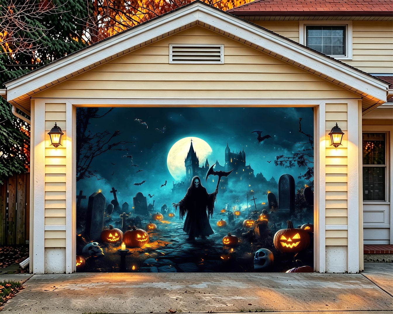 Spooky Halloween Garage Door Cover Grim Reaper Pumpkin Cemetery Halloween Garage Door Cover RR68-42-1 car