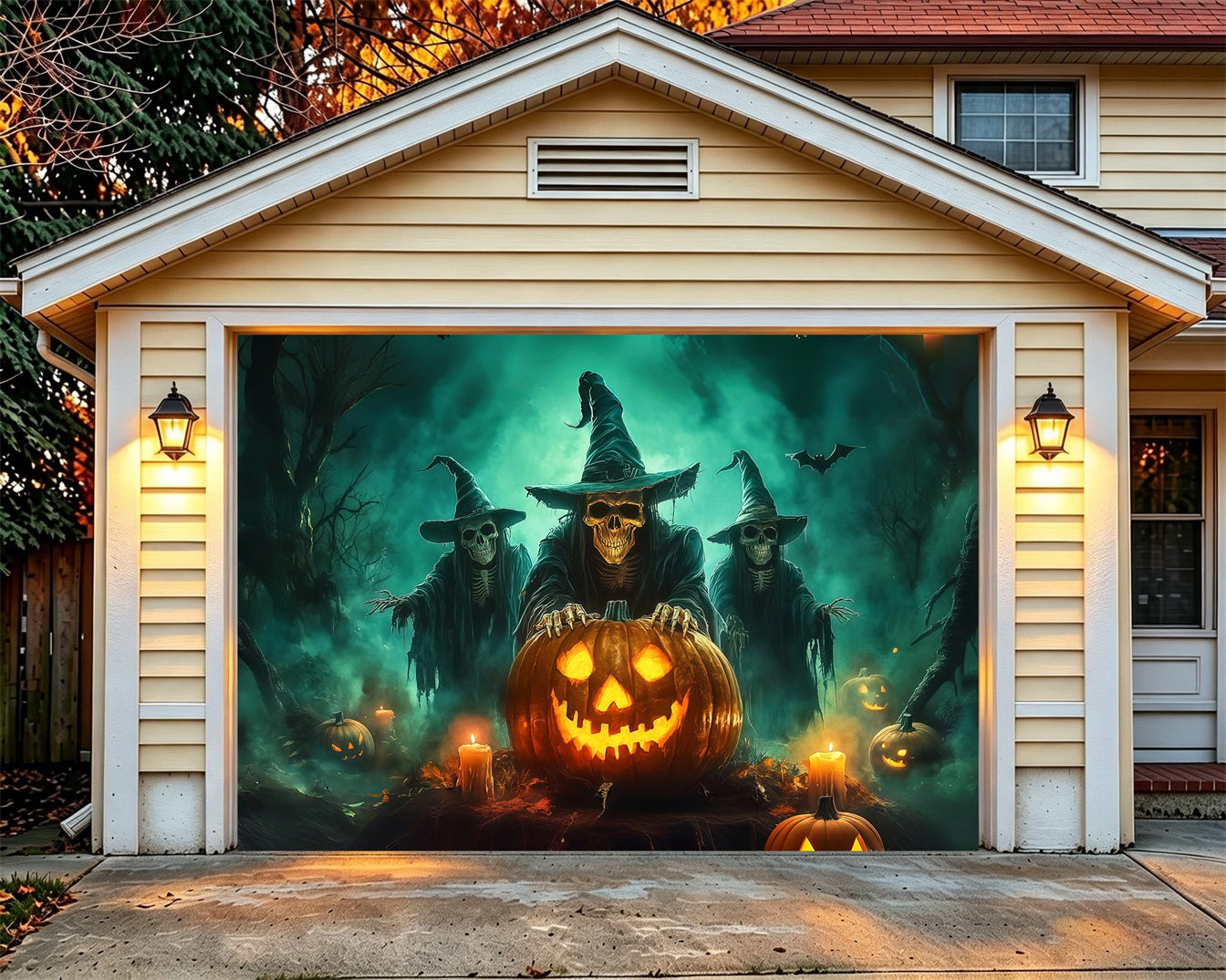 Creepy Halloween Garage Door Decor Skeleton Witch Pumpkin Gathering Halloween Garage Door Decoration RR68-43-1 car