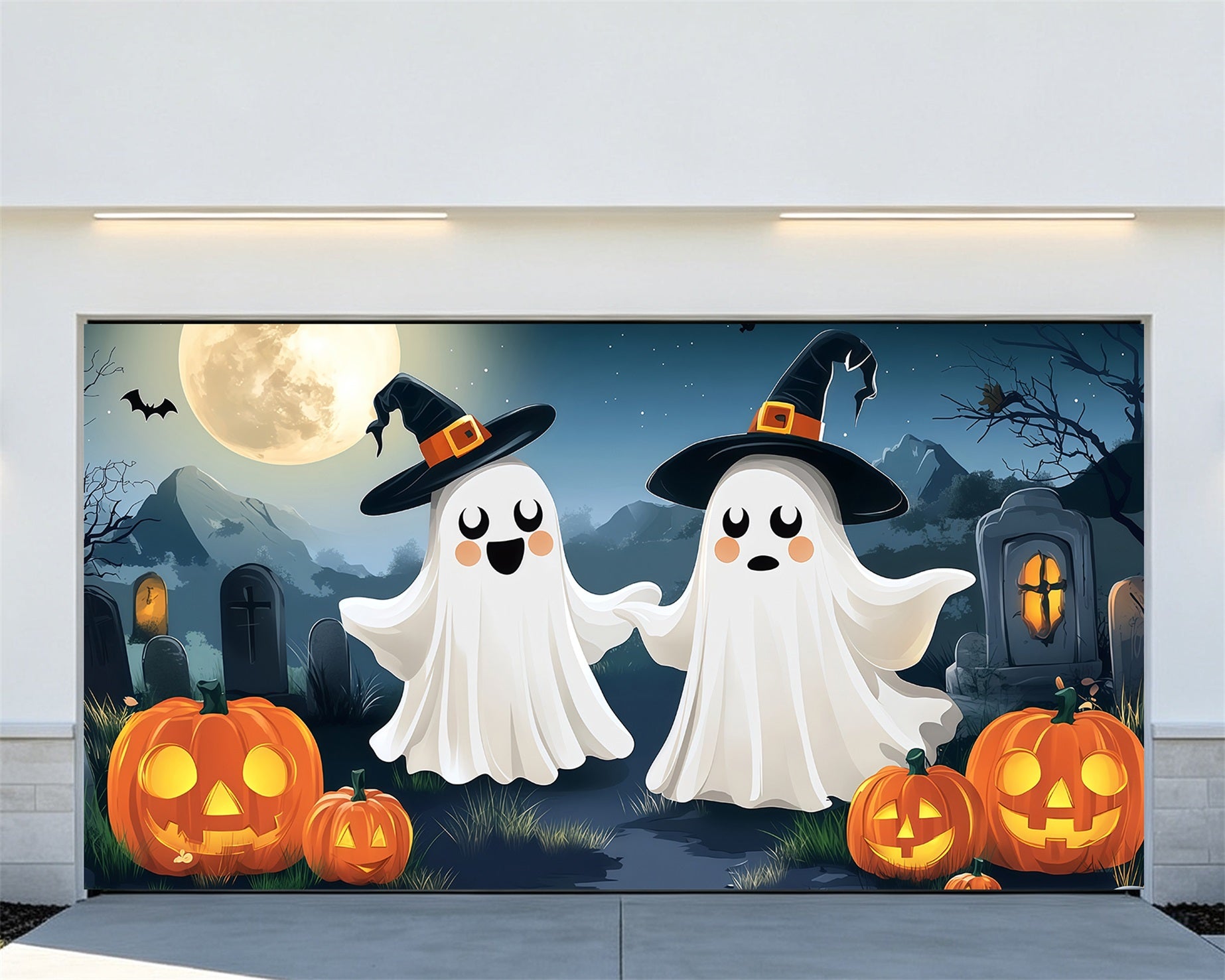 Haunted Halloween Garage Door Cover Cute Ghost Witch Graveyard Halloween Garage Door Decor RR68-44-2 car