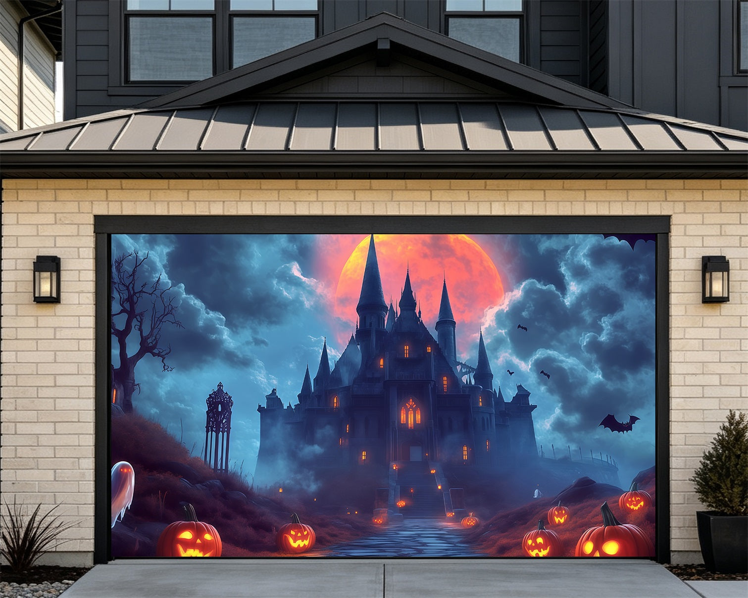 Gothic Halloween Garage Door Cover Moonlit Ghost Pumpkin Castle Halloween Garage Door Mural RR68-45-2 car