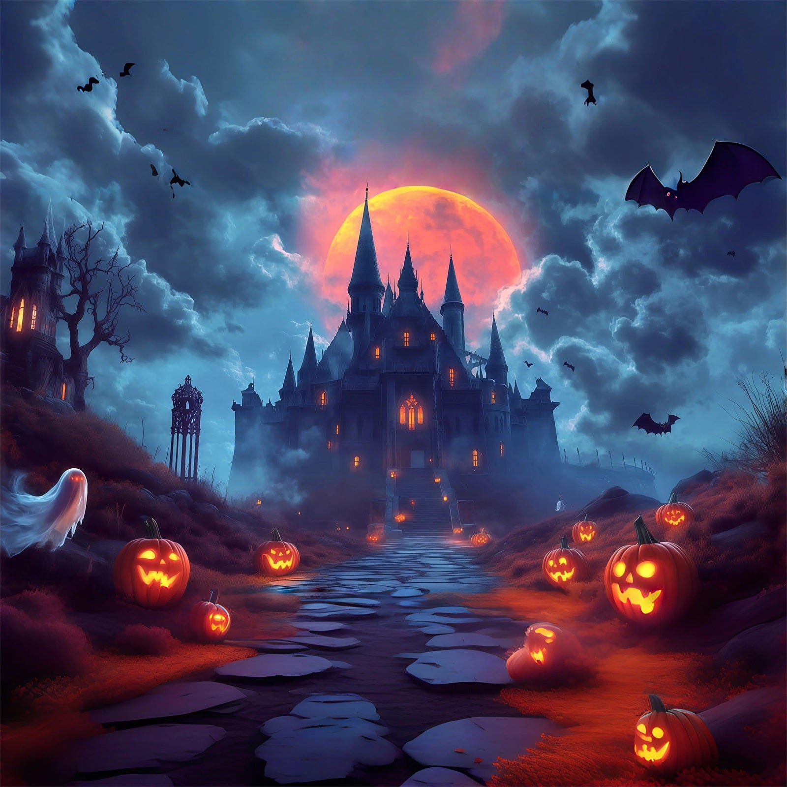 Gothic Halloween Garage Door Cover Moonlit Ghost Pumpkin Castle Halloween Garage Door Mural RR68-45-1 car