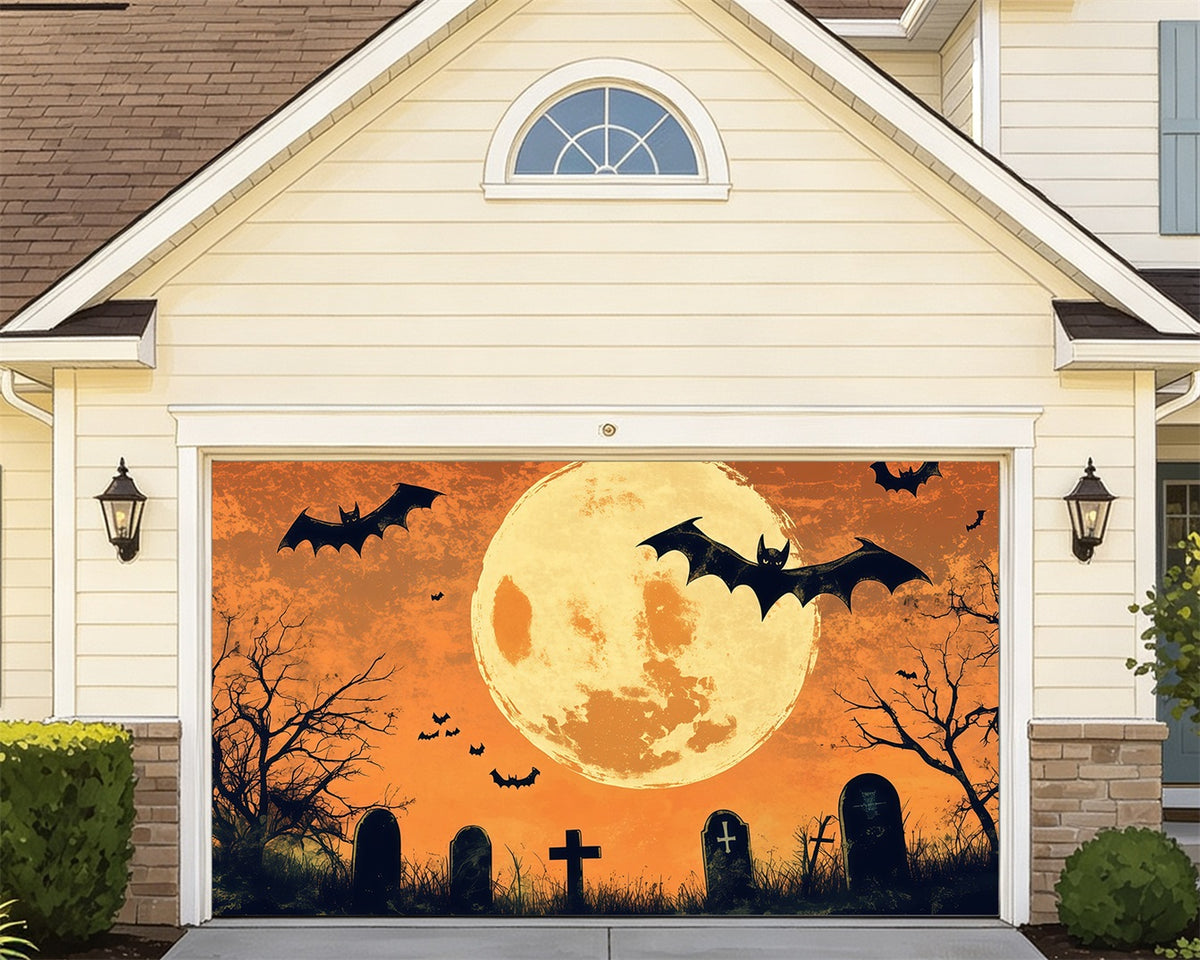 Vintage Halloween Garage Door Cover Orange Moon Bat Graveyard Halloween Garage Door Backdrop RR68-46-2 car