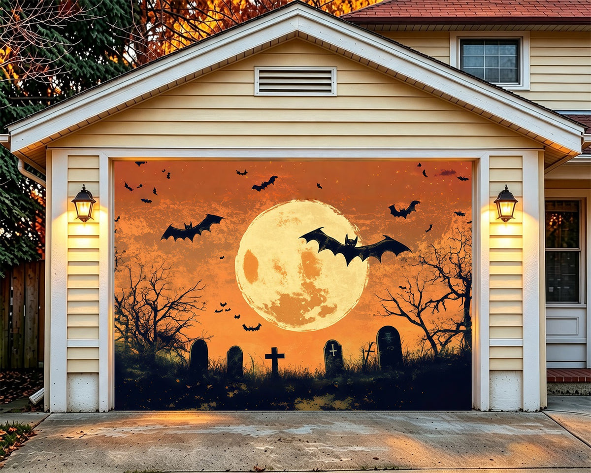 Vintage Halloween Garage Door Cover Orange Moon Bat Graveyard Halloween Garage Door Backdrop RR68-46-1 car