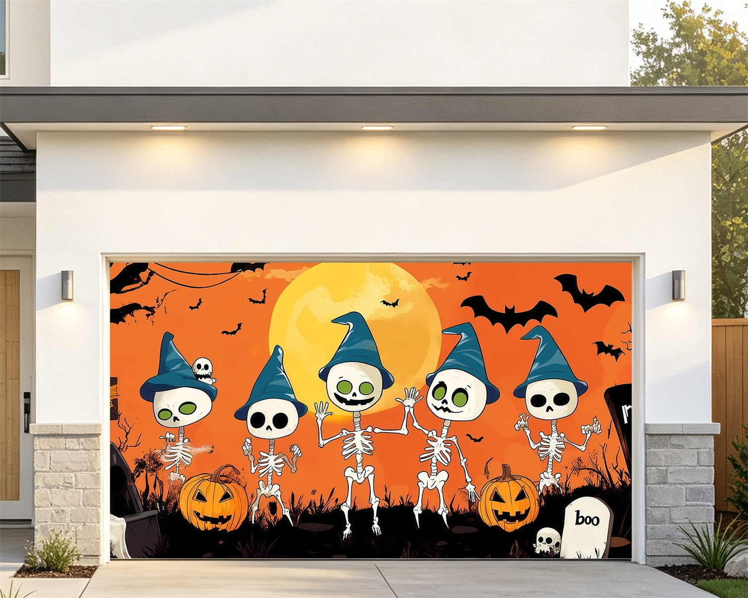 Funny Halloween Garage Door Cover Skeleton Witch Graveyard Party Halloween Garage Door Tapestry RR68-48-2 car