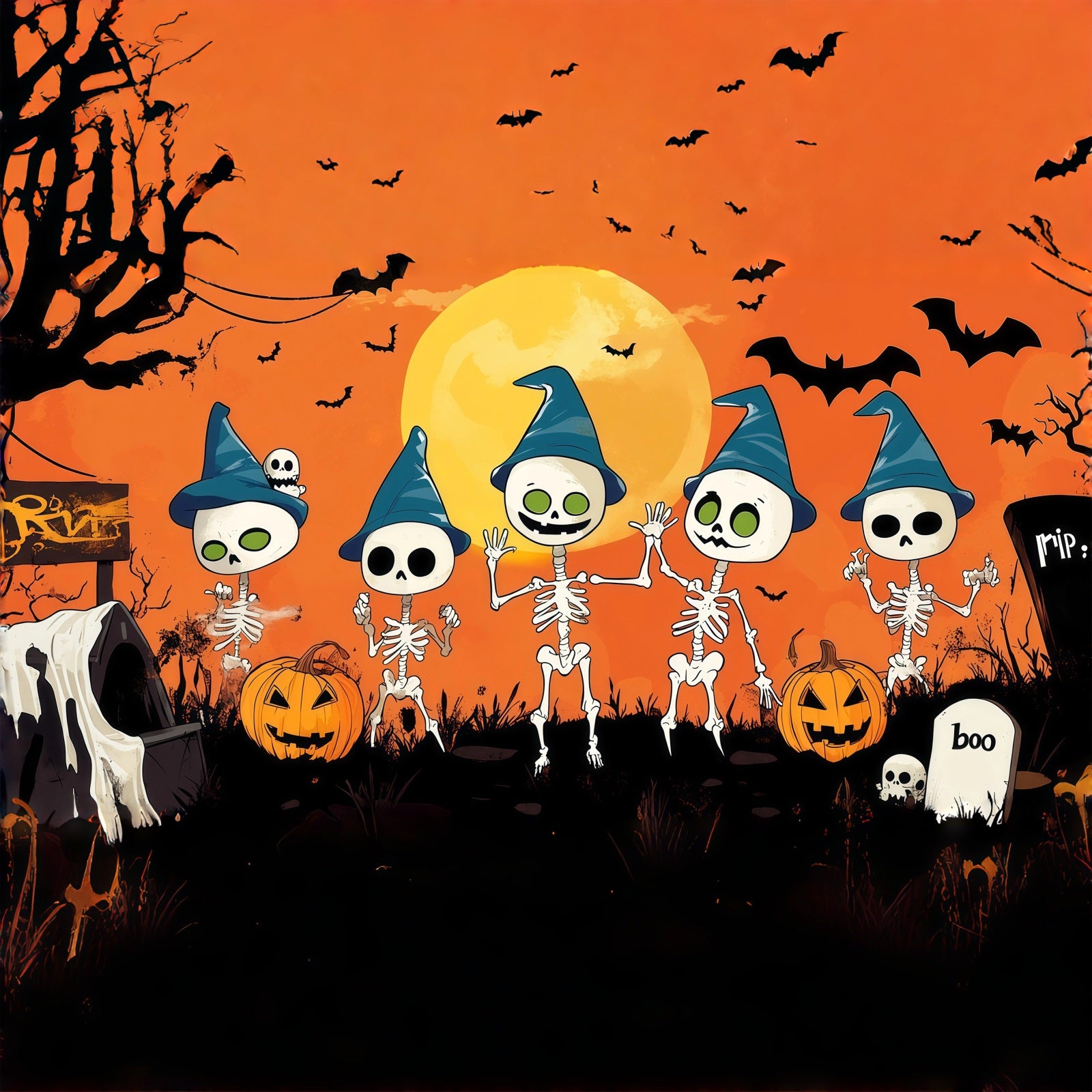 Funny Halloween Garage Door Cover Skeleton Witch Graveyard Party Halloween Garage Door Tapestry RR68-48-1 car