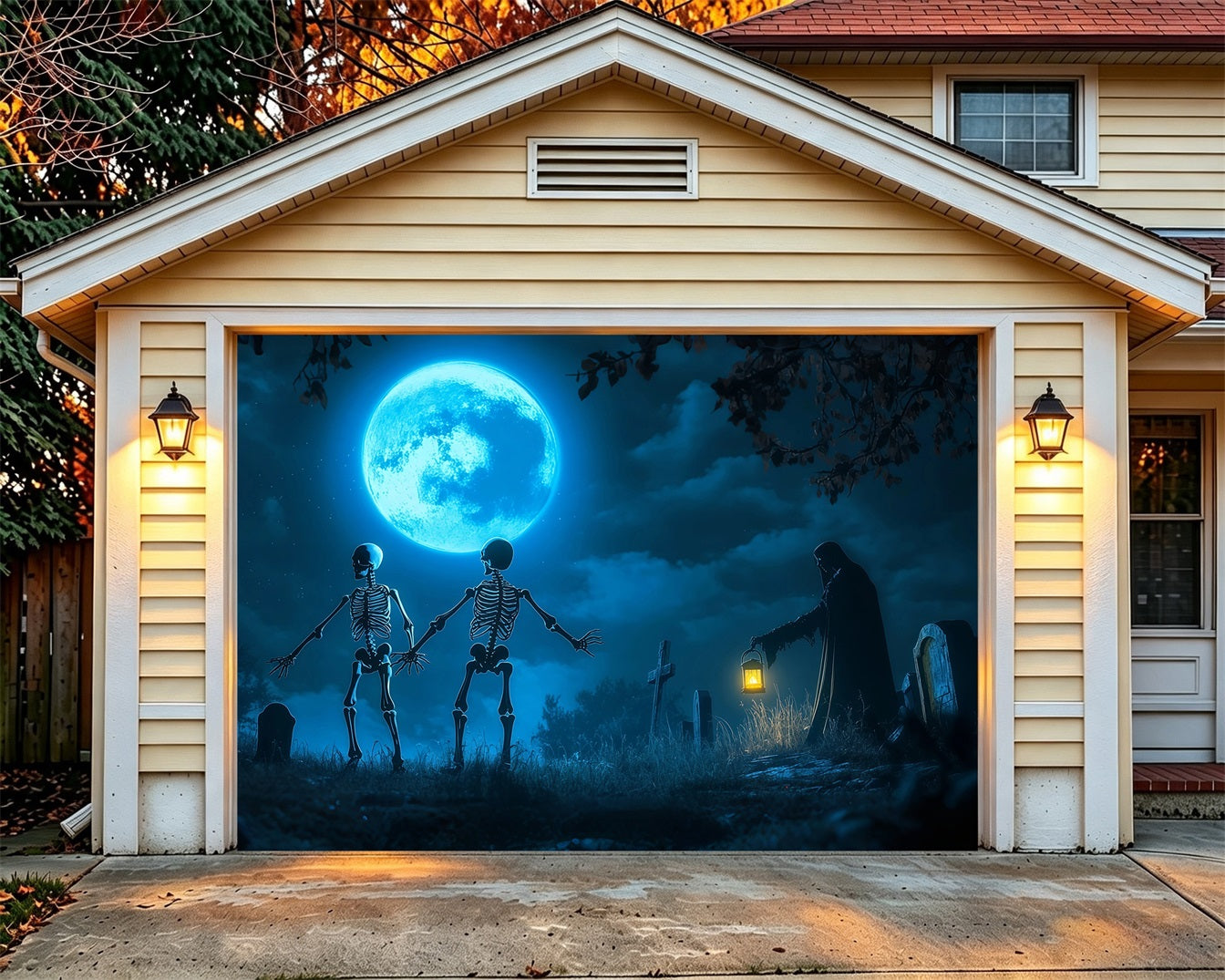Dark Halloween Garage Door Cover Moonlit Skeleton Reaper Graveyard Halloween Garage Door Sign RR68-49-1 car