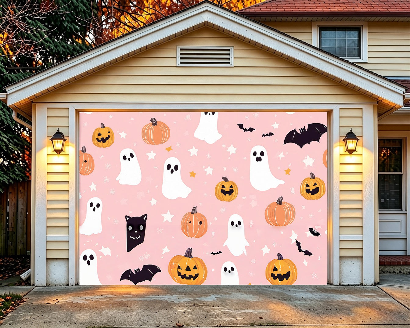 Pastel Halloween Garage Door Decor Cute Ghost Pumpkin Pattern Halloween Garage Door Wrap RR68-50-1 car