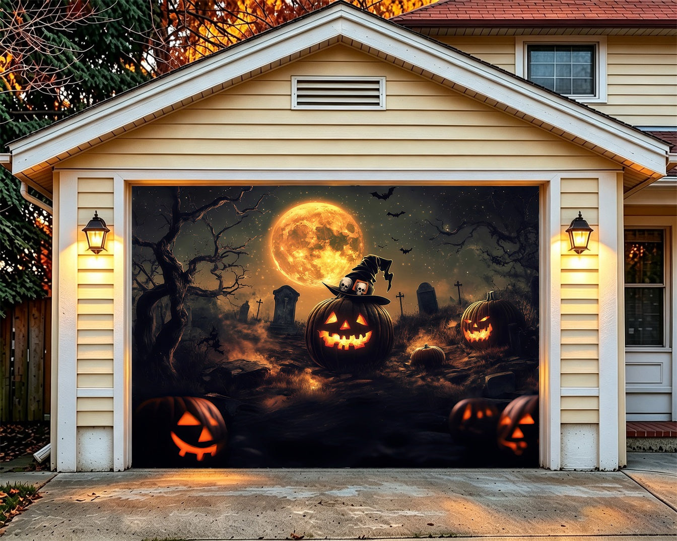 Pumpkin Halloween Garage Door Cover Witch Hat Pumpkin Graveyard Large Halloween Garage Door Cover RR68-51-1 car