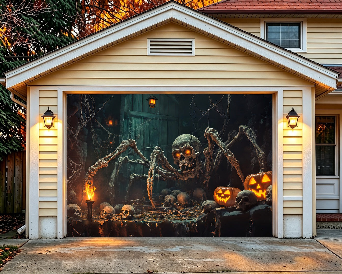Skeleton Halloween Garage Door Cover Skull Spider Pumpkin Lair Full Size Halloween Garage Door Cover RR68-53-1 car