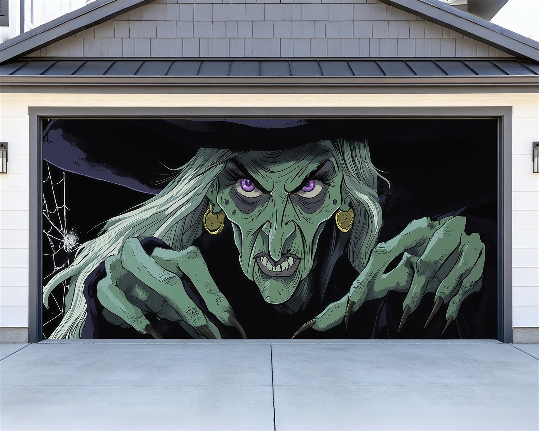 Witch Halloween Garage Door Cover Creepy Green Witch Portrait Two Car Garage Door Halloween Cover RR68-55-2 car
