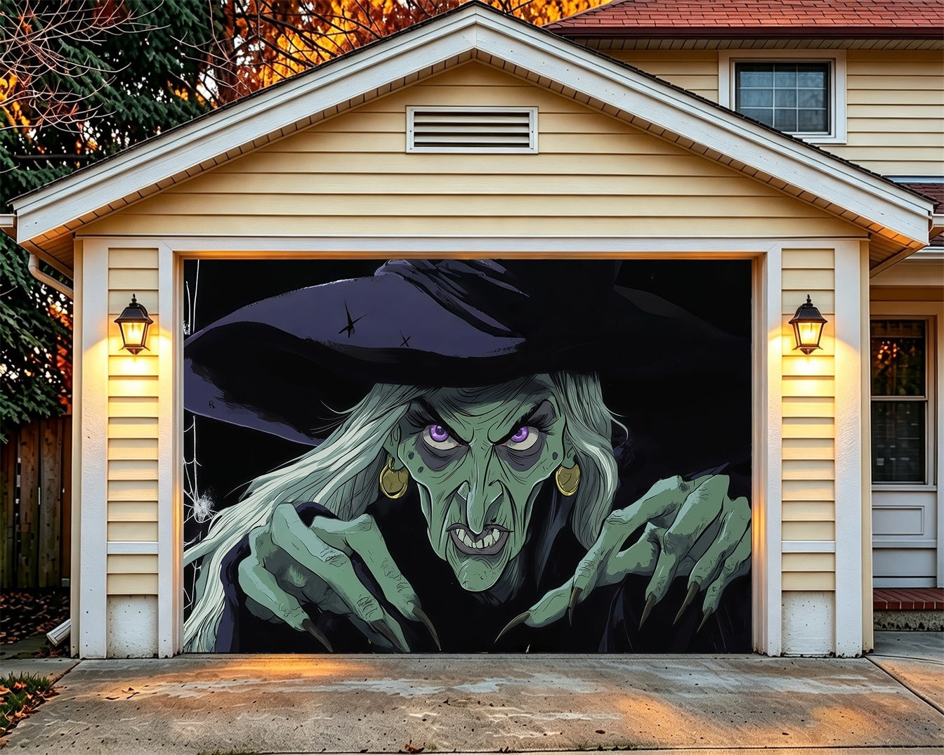 Witch Halloween Garage Door Cover Creepy Green Witch Portrait Two Car Garage Door Halloween Cover RR68-55-1 car