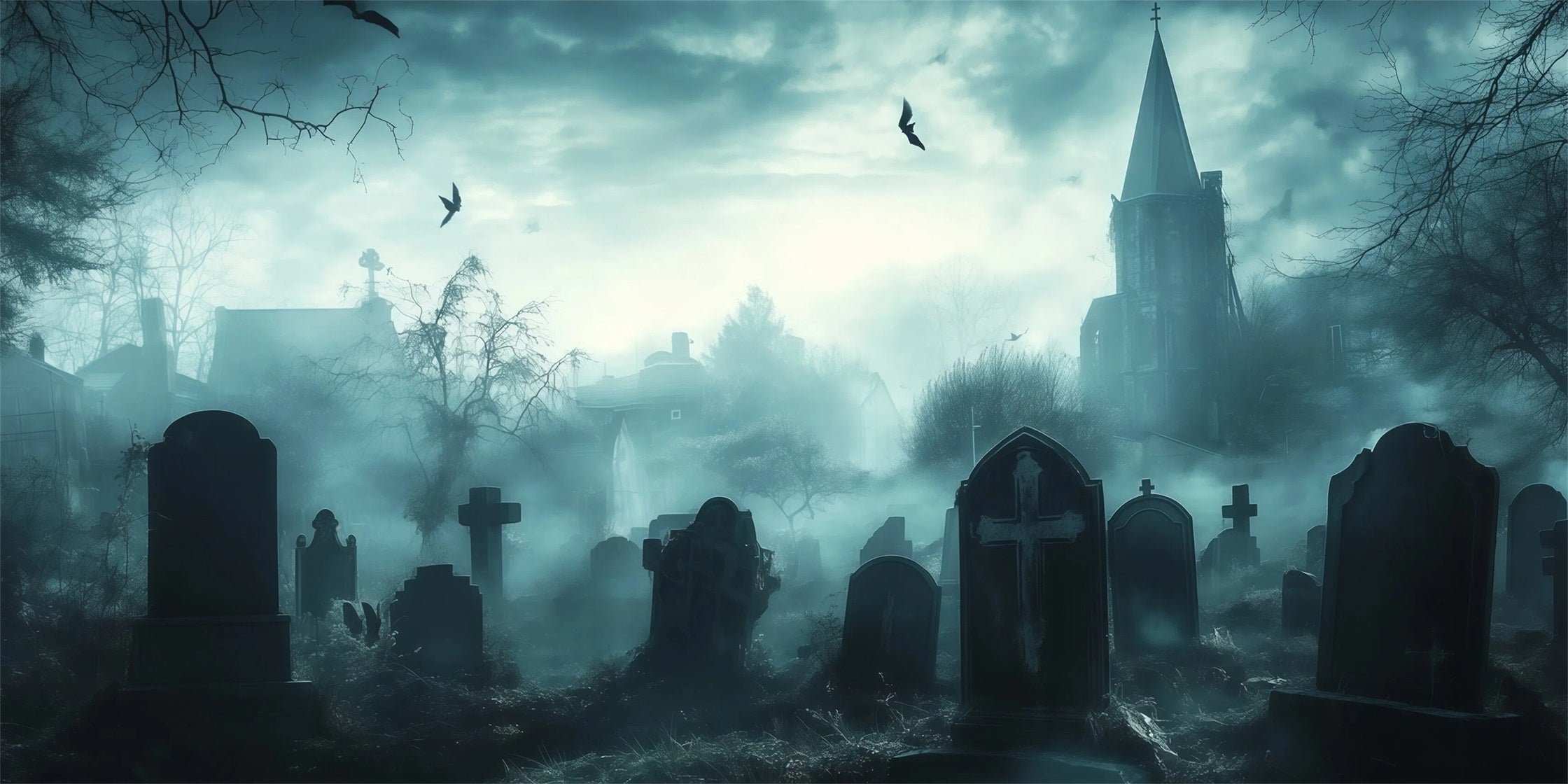 Graveyard Halloween Garage Door Cover Foggy Gothic Church Oversized Halloween Garage Door Decor RR68-57-2 car