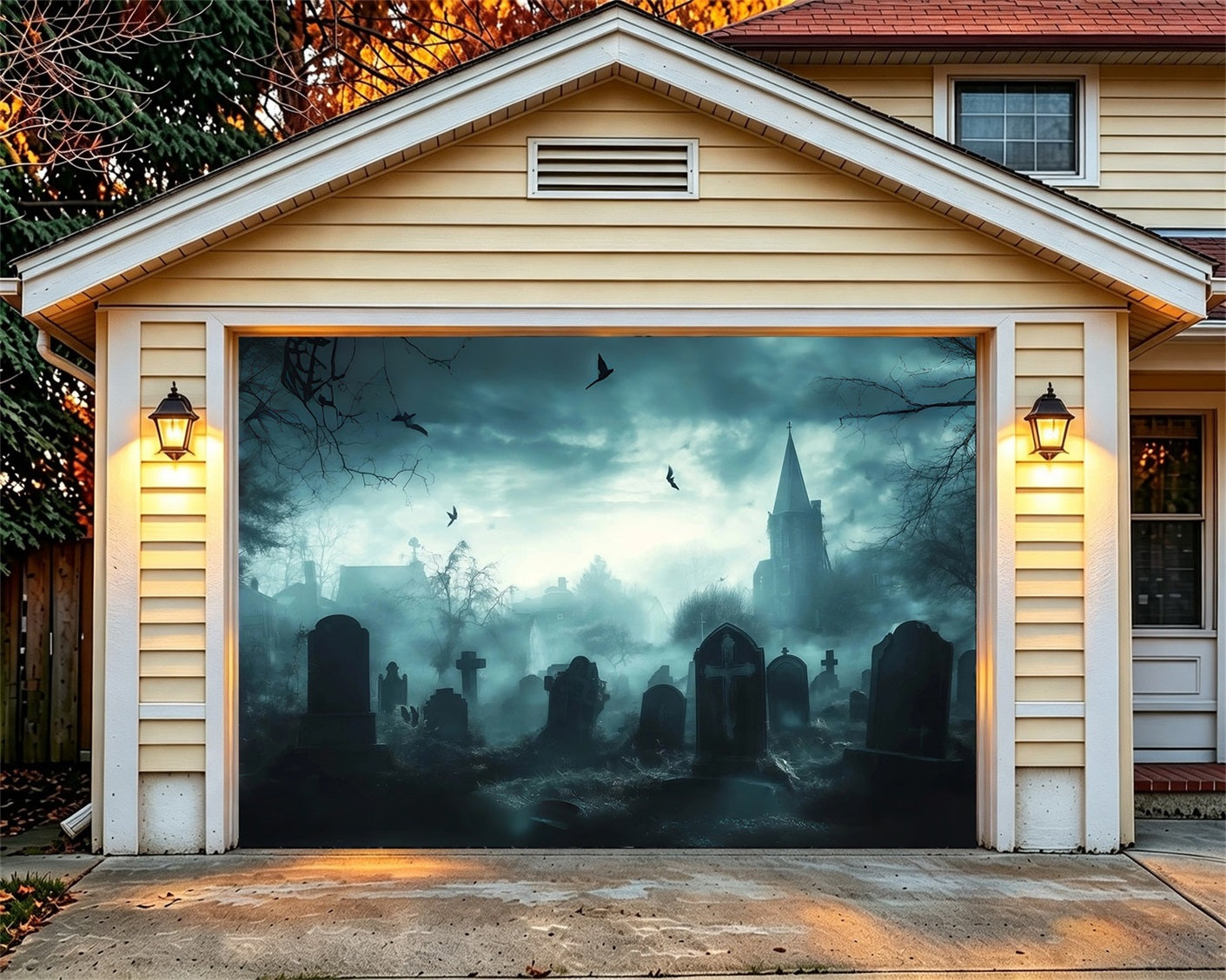 Graveyard Halloween Garage Door Cover Foggy Gothic Church Oversized Halloween Garage Door Decor RR68-57-1 car