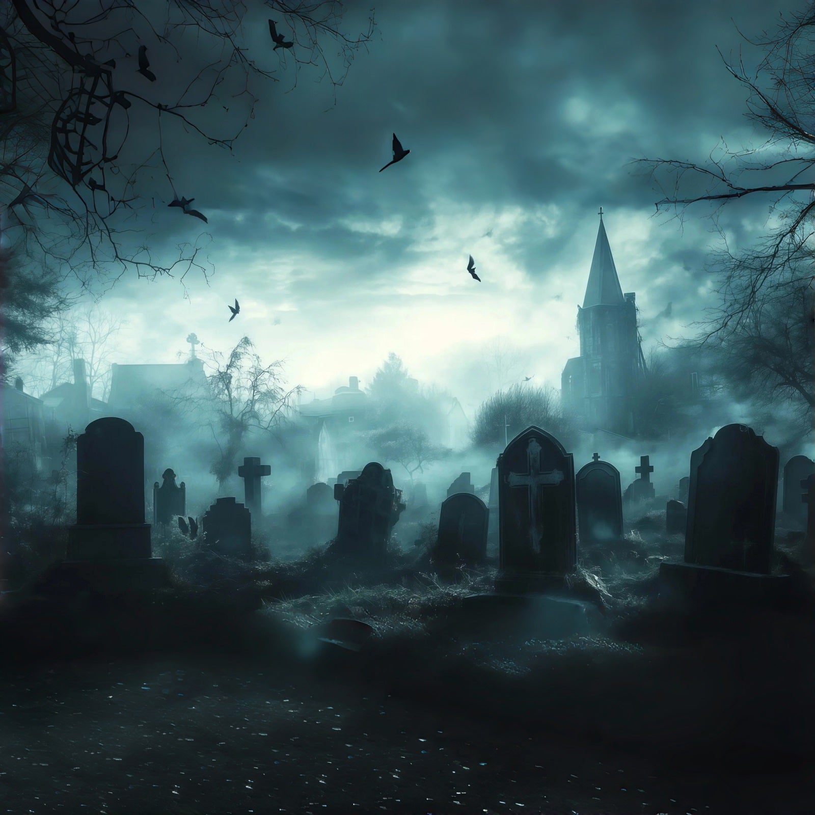 Graveyard Halloween Garage Door Cover Foggy Gothic Church Oversized Halloween Garage Door Decor RR68-57-1 car