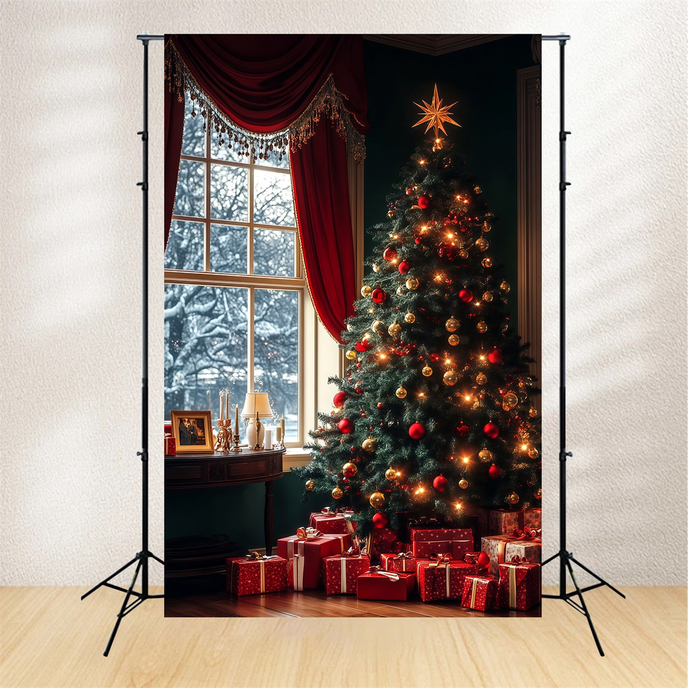Christmas Tree Photo Backdrop Evergreen Tree Window Glow Christmas Backdrop RR68-61
